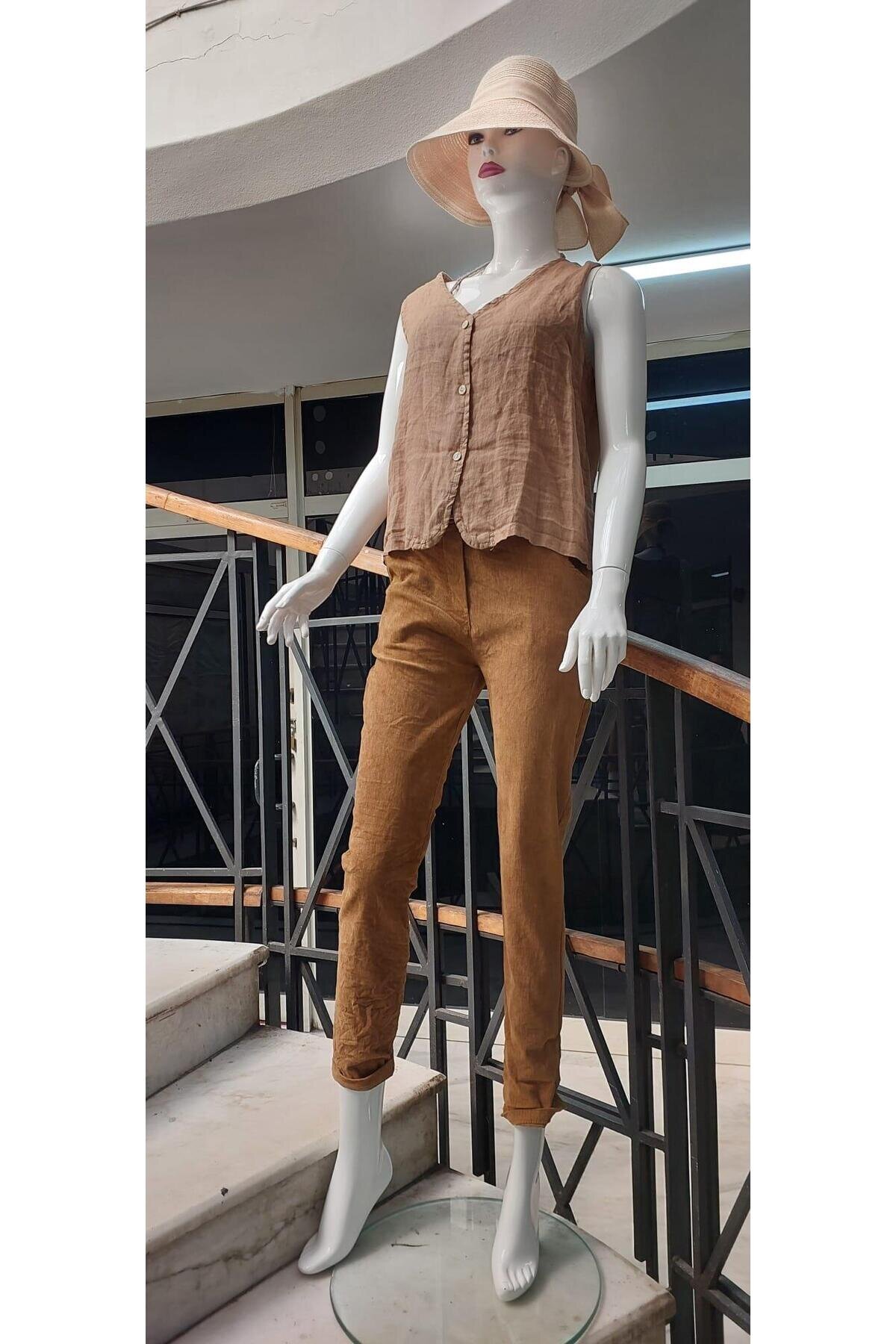 Skinny Stretchy Corduroy Belted Pants - Camel - Bohem Stil
