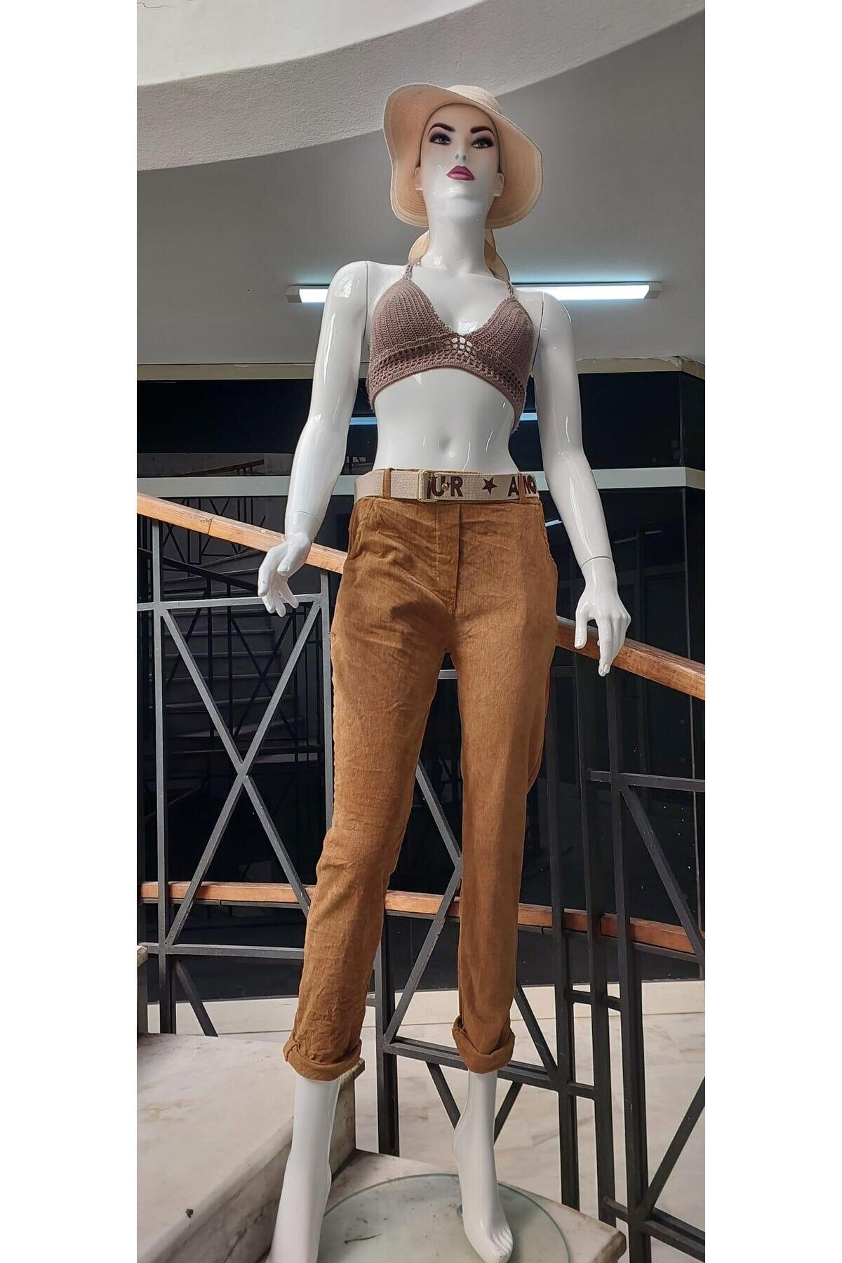 Skinny Stretchy Corduroy Belted Pants - Camel - Bohem Stil