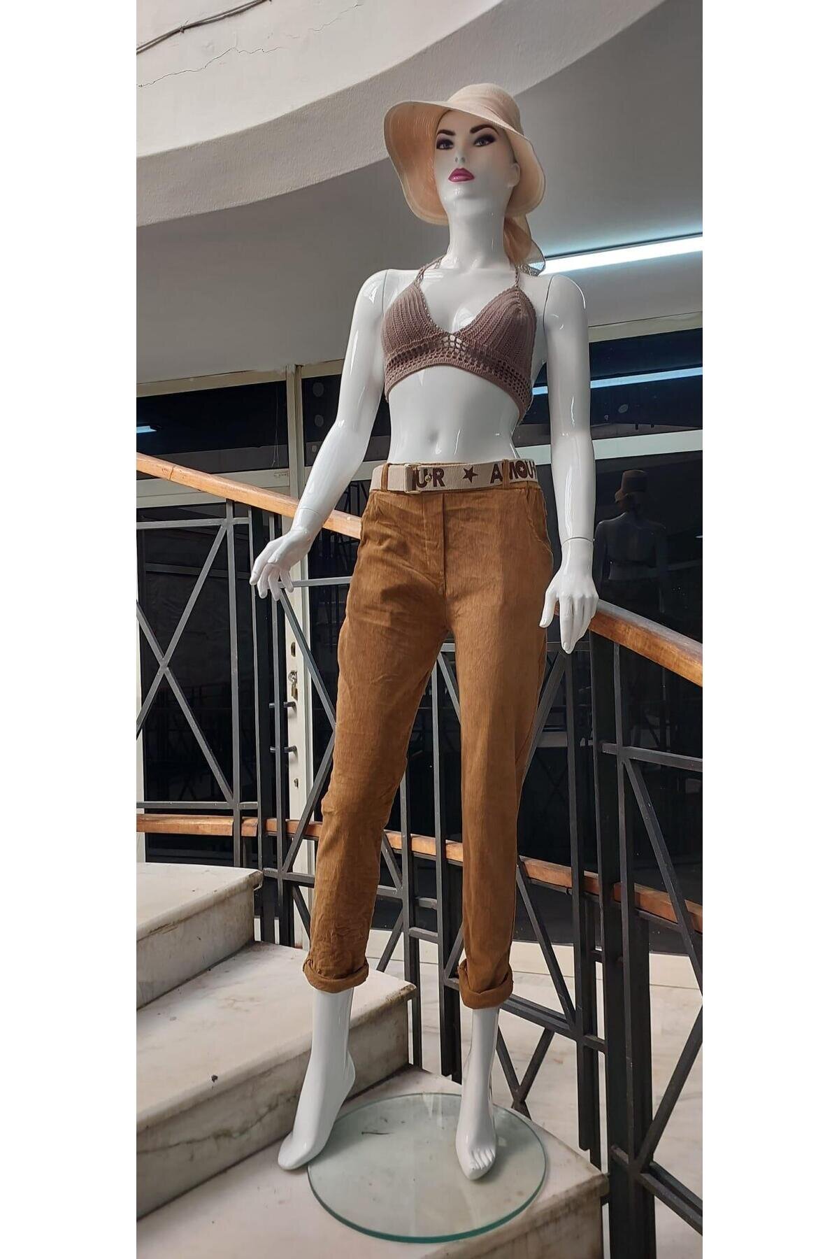 Skinny Stretchy Corduroy Belted Pants - Camel - Bohem Stil