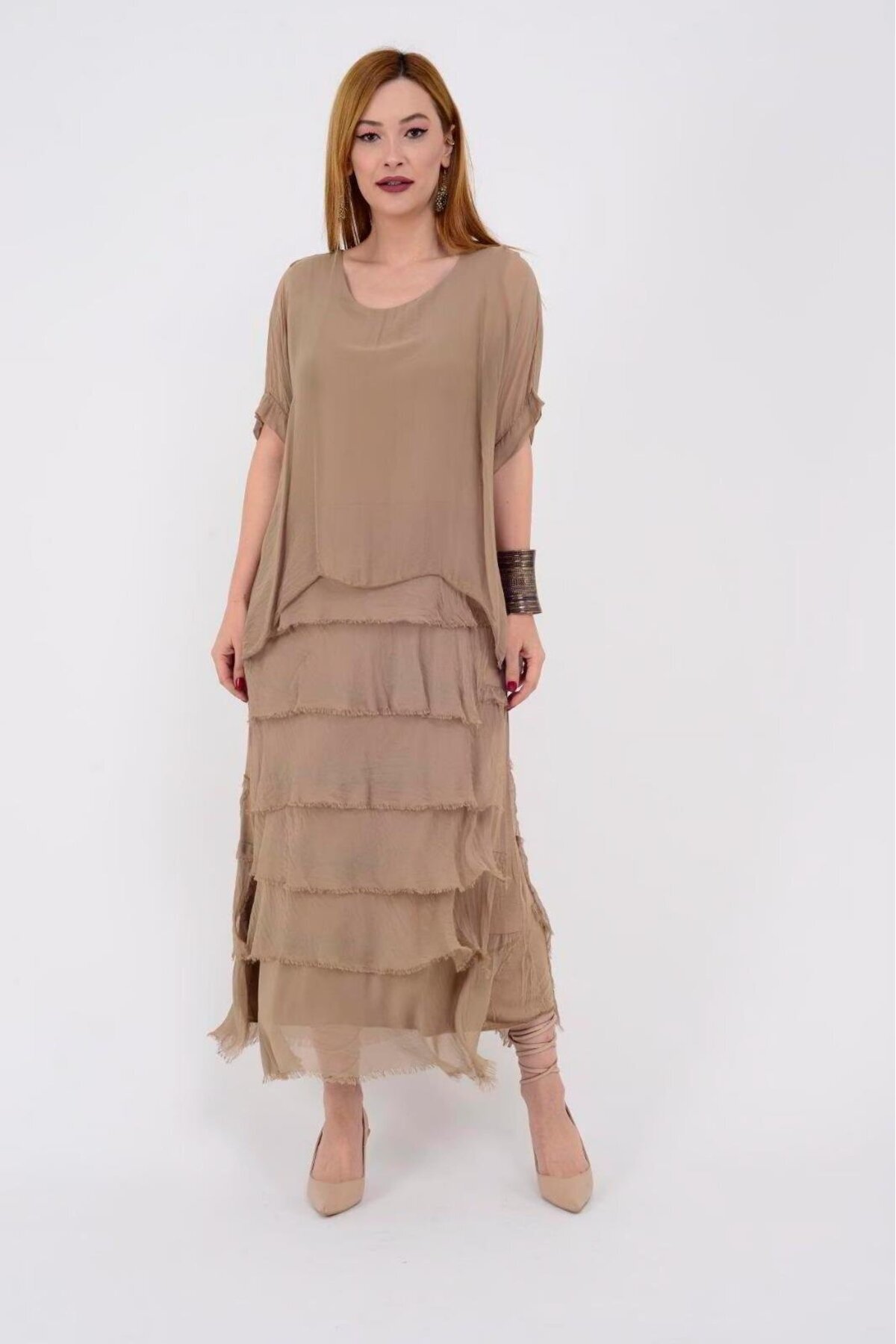 Long Slimming Italian Fit Silk Half Sleeve Dress - Camel - Bohem Stil