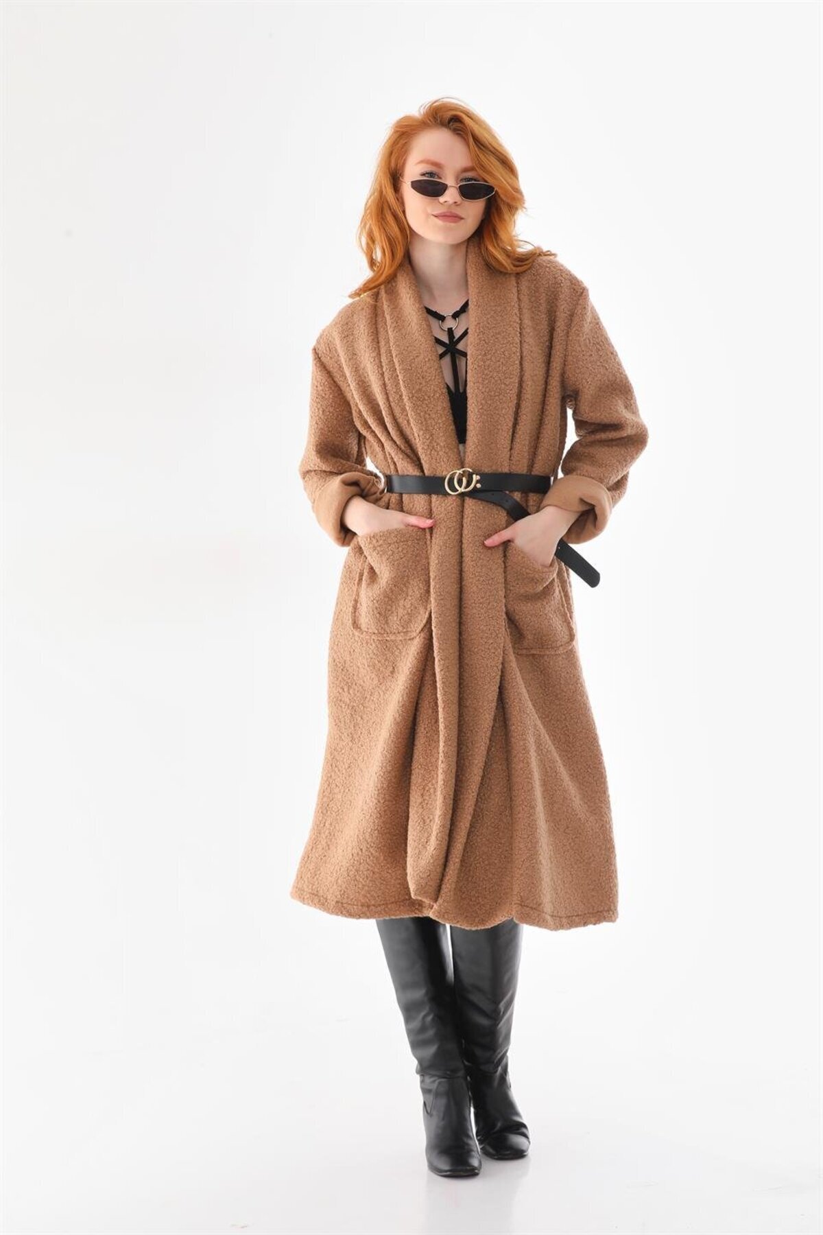 Camel Uzun İtalyan Kemerli Keçe Kaban - Bohem Stil