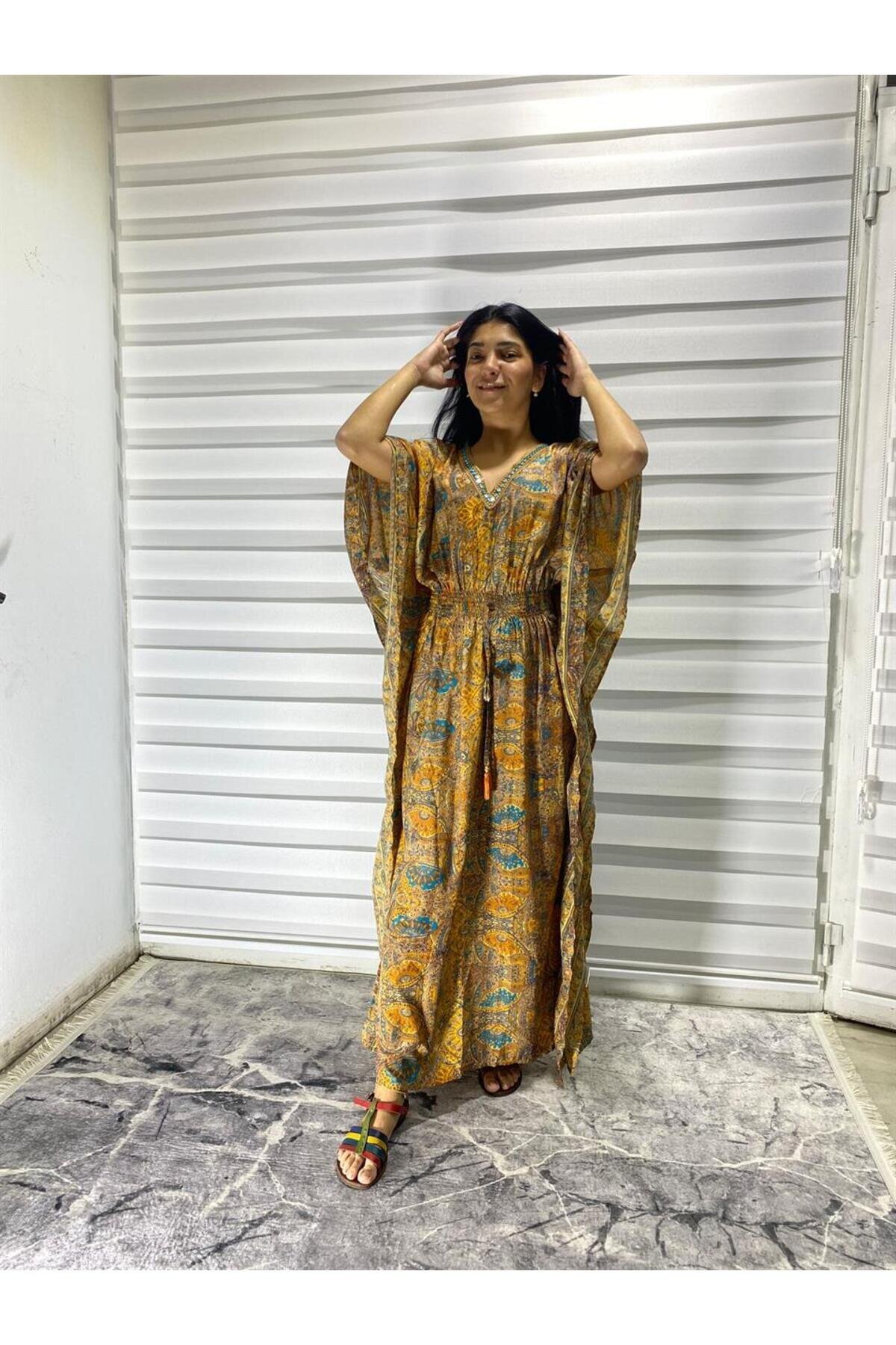 فستان حريري هندي طويل ذهبي بأكمام خفاش - Bohem Stil