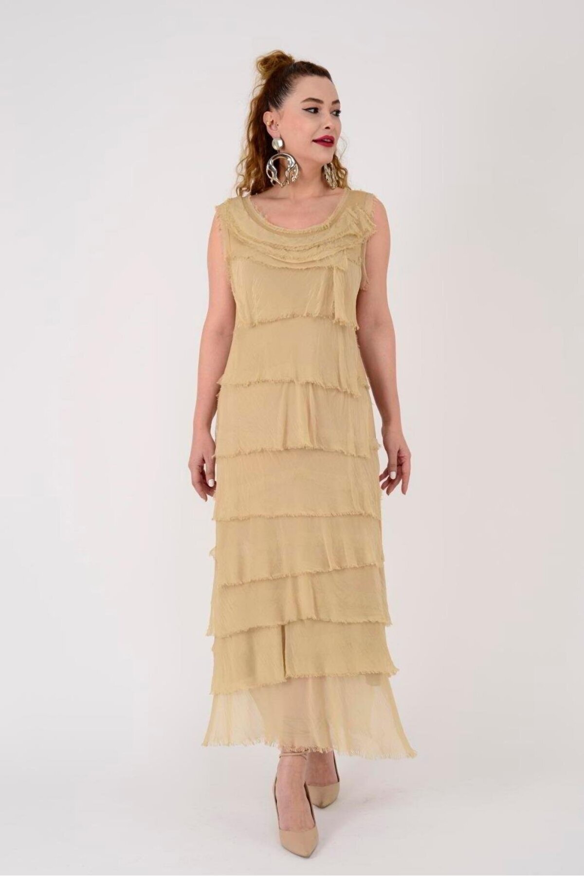 Long Layered Silk Slimming Dress - Gold - Bohem Stil