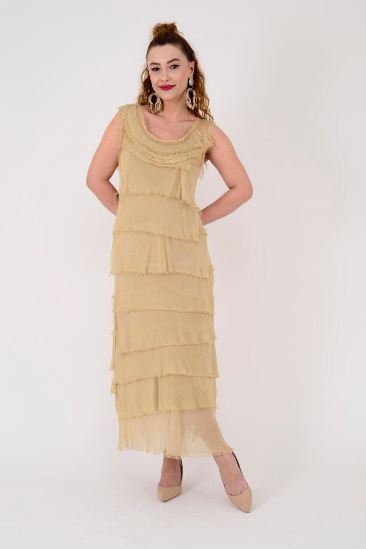 فستان طويل ذهبي حريري بقصة تنحيف إيطالية - Bohem Stil