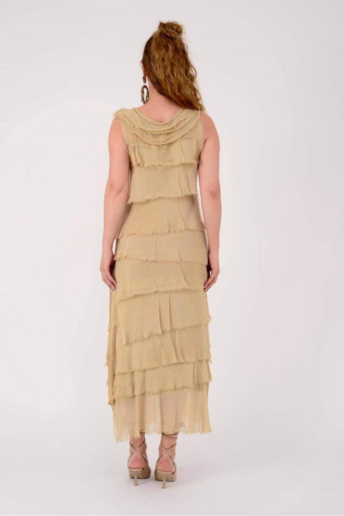 فستان طويل ذهبي حريري بقصة تنحيف إيطالية - Bohem Stil