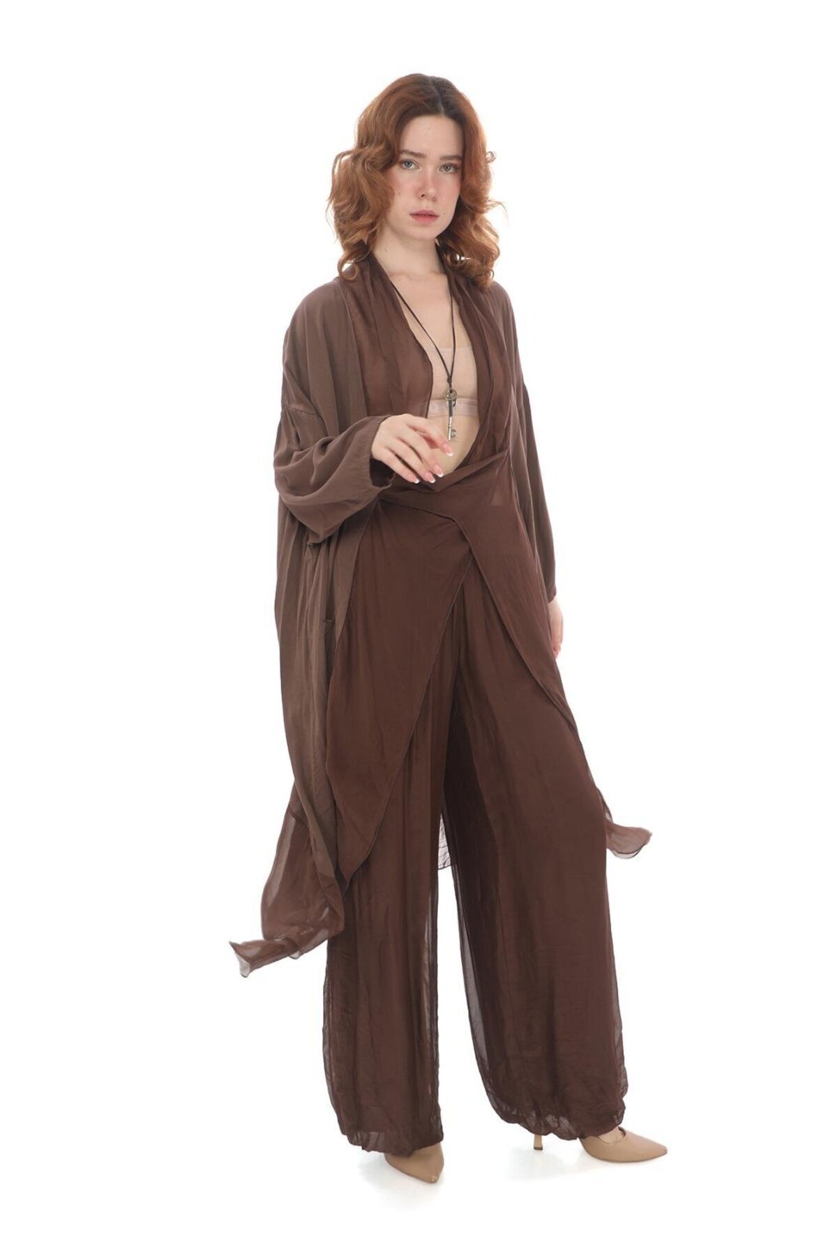 Kahverengi Oversize Italyan İpek Detaylı Bluz - Bohem Stil