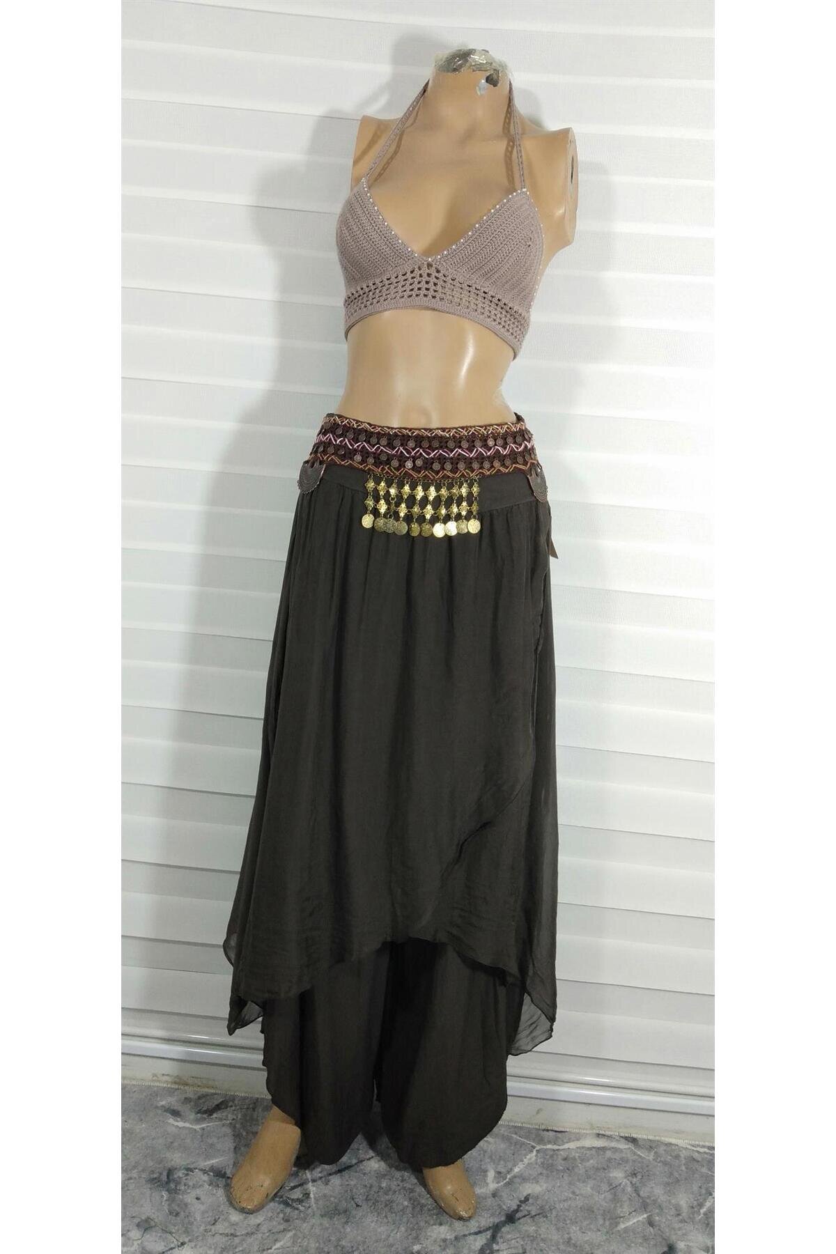 Harem Silk Asymmetric Flap Pants - Brown - Bohem Stil