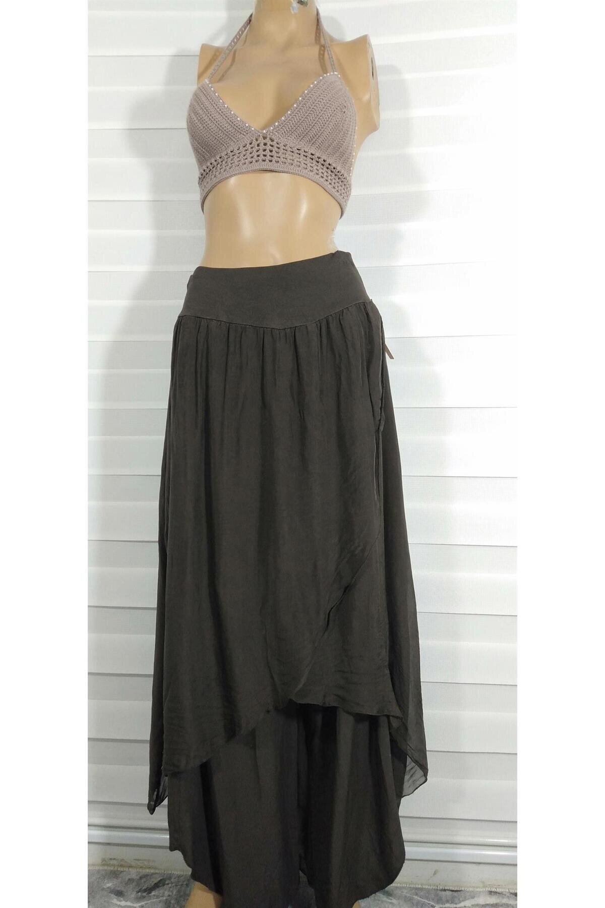 Harem Silk Asymmetric Flap Pants - Brown - Bohem Stil