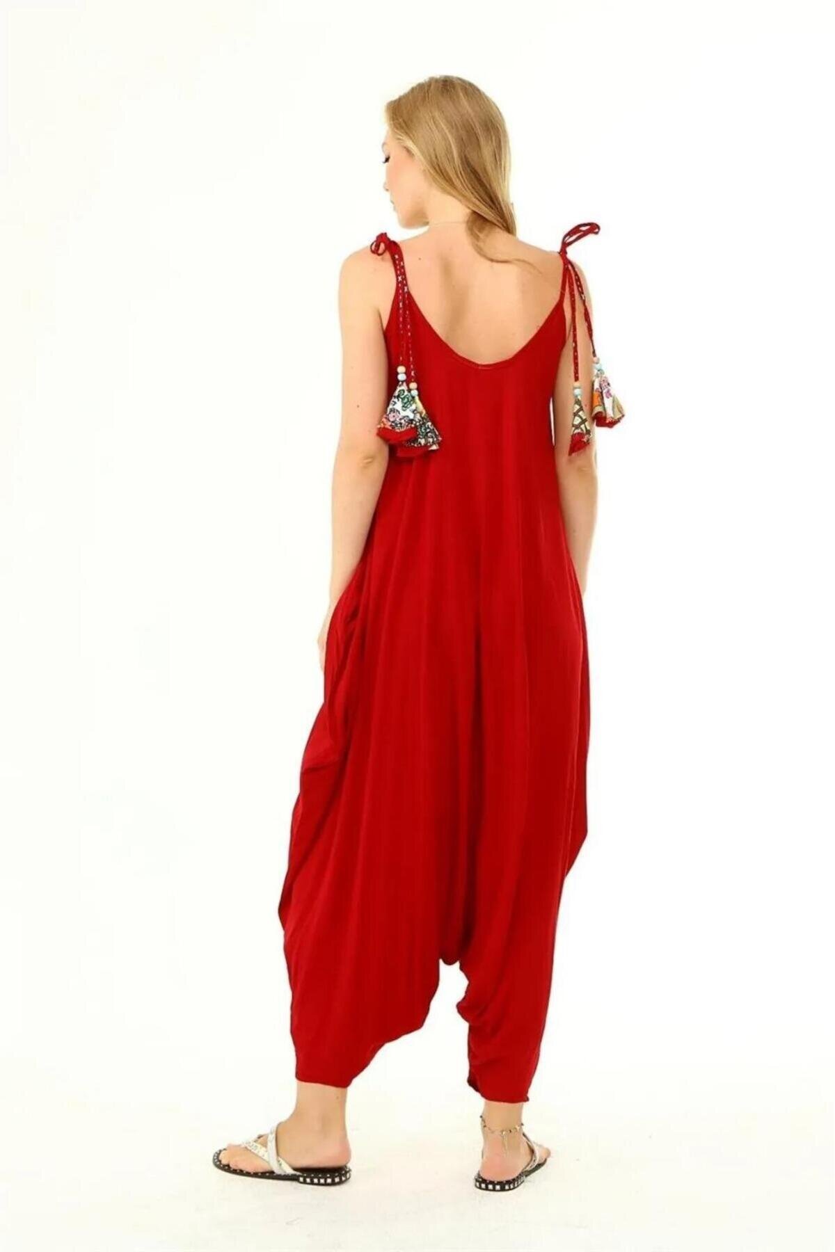 Oversize Adjustable Strap Jumpsuit with 'Eyes' Design - Red - Bohem Stil