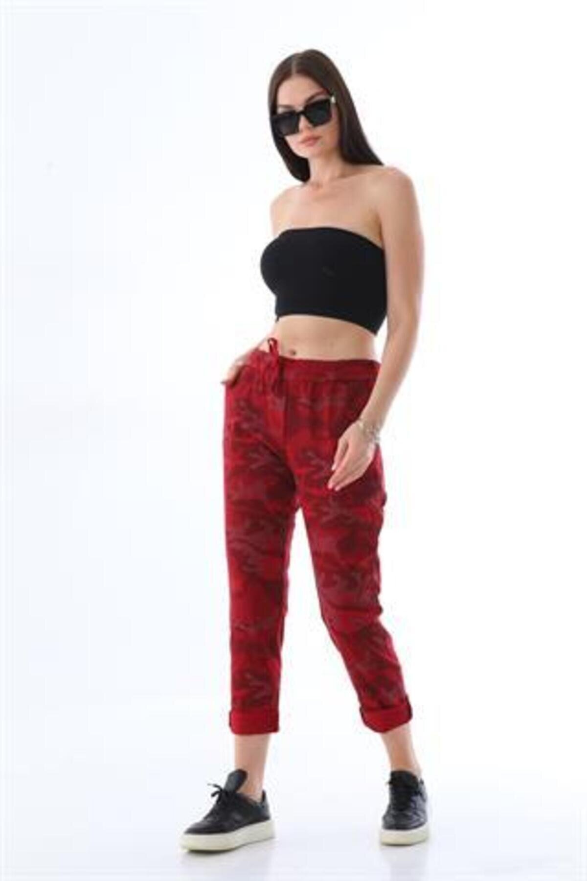 Italian Slim Leg Camouflage Tie-Waist Pants - Red - Bohem Stil