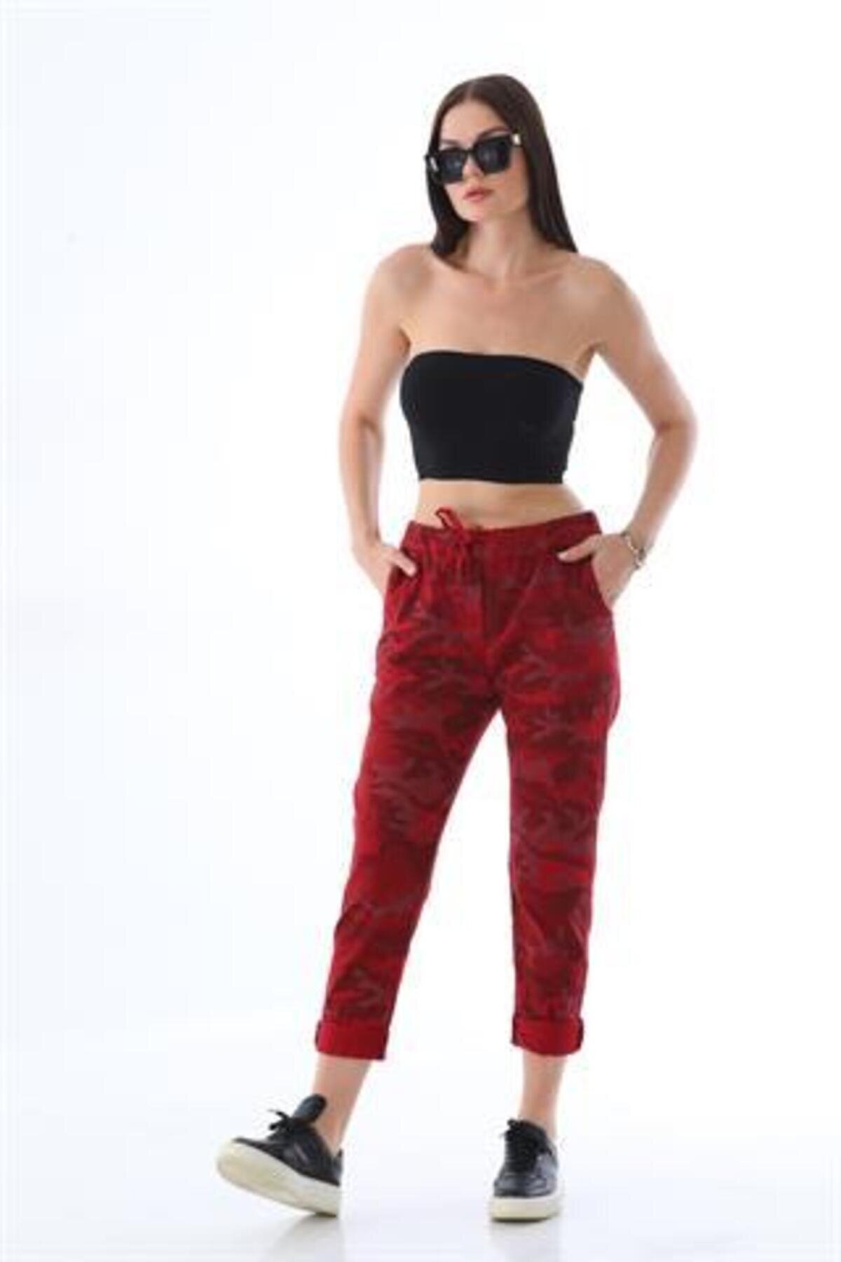 Italian Slim Leg Camouflage Tie-Waist Pants - Red - Bohem Stil