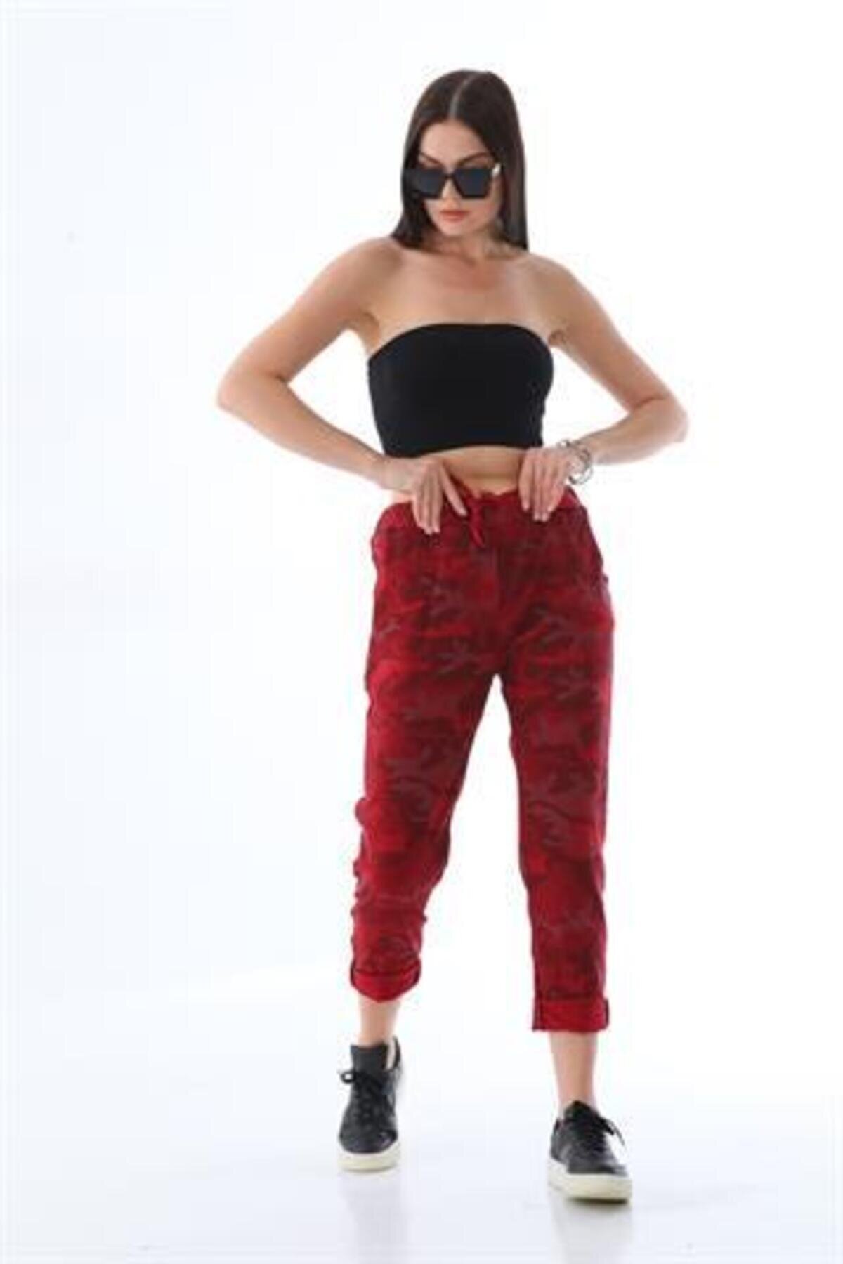 Italian Slim Leg Camouflage Tie-Waist Pants - Red - Bohem Stil