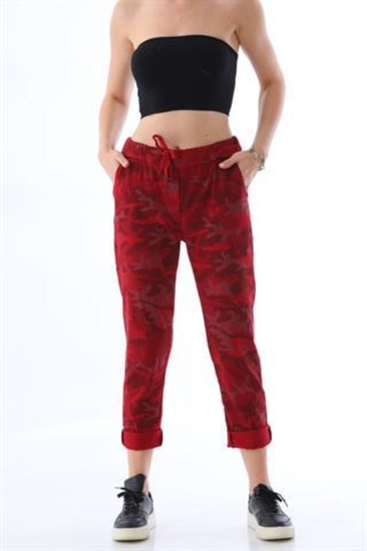 Italian Slim Leg Camouflage Tie-Waist Pants - Red - Bohem Stil