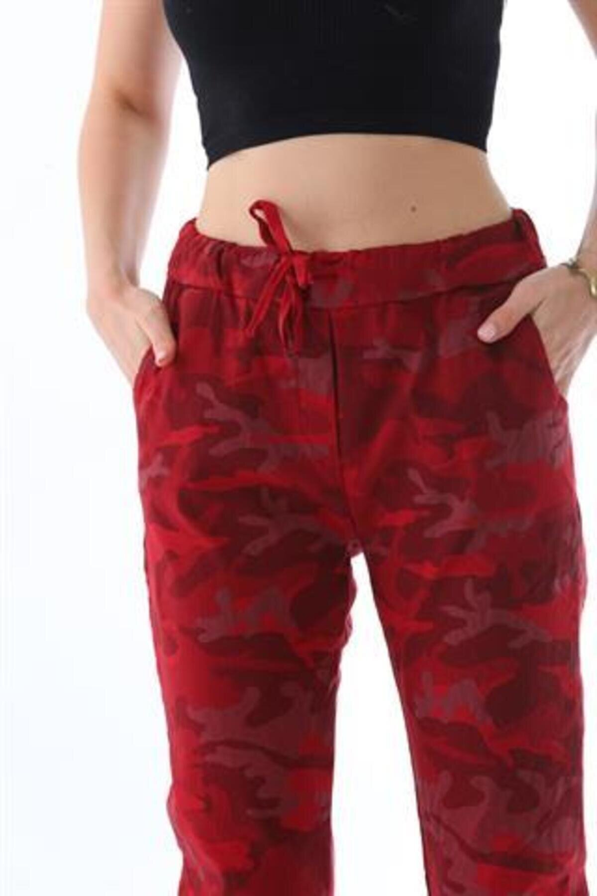 Italian Slim Leg Camouflage Tie-Waist Pants - Red - Bohem Stil