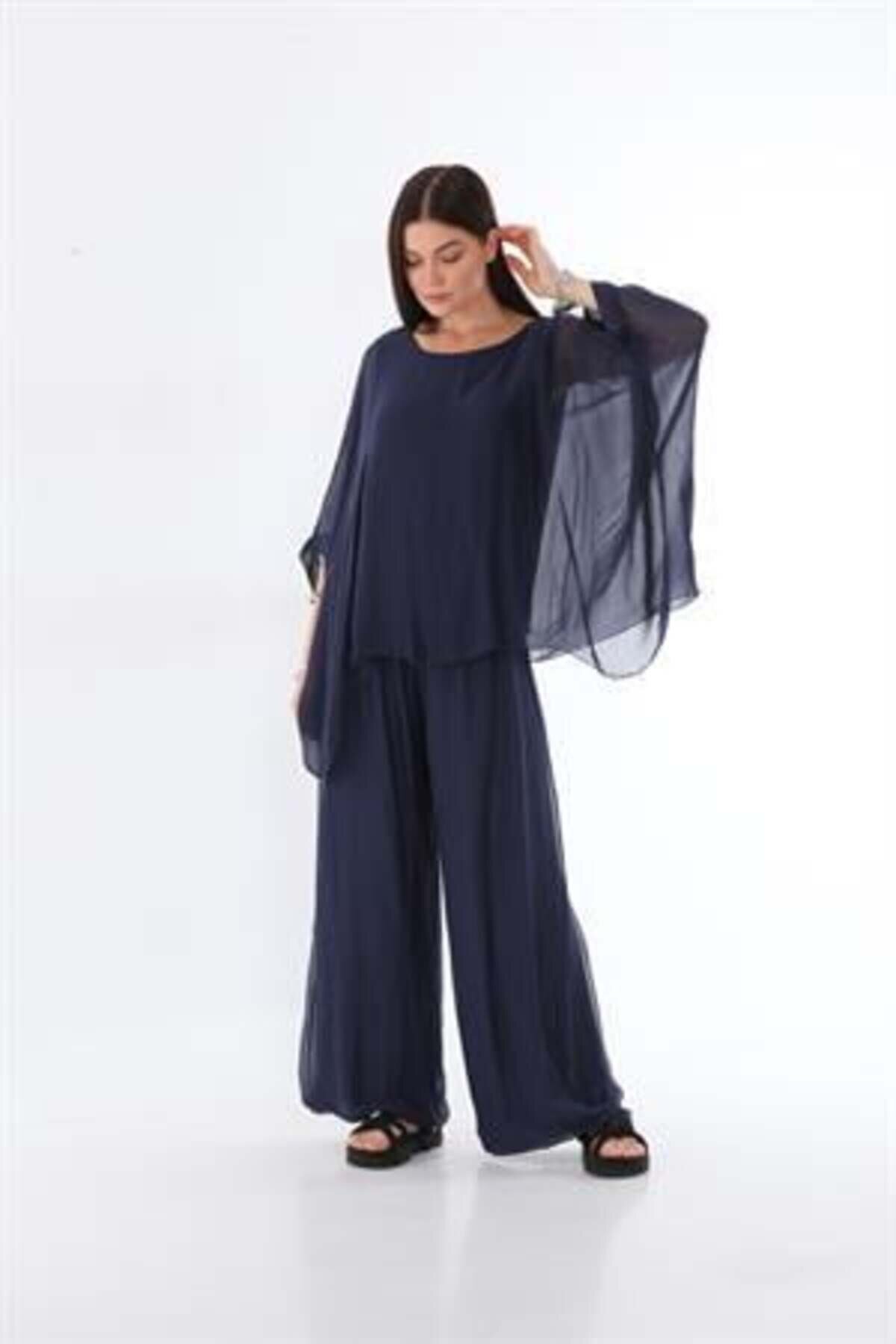 بنطلون حريري إيطالي بخصر كورسيه كحلي داكن مبطن - Bohem Stil