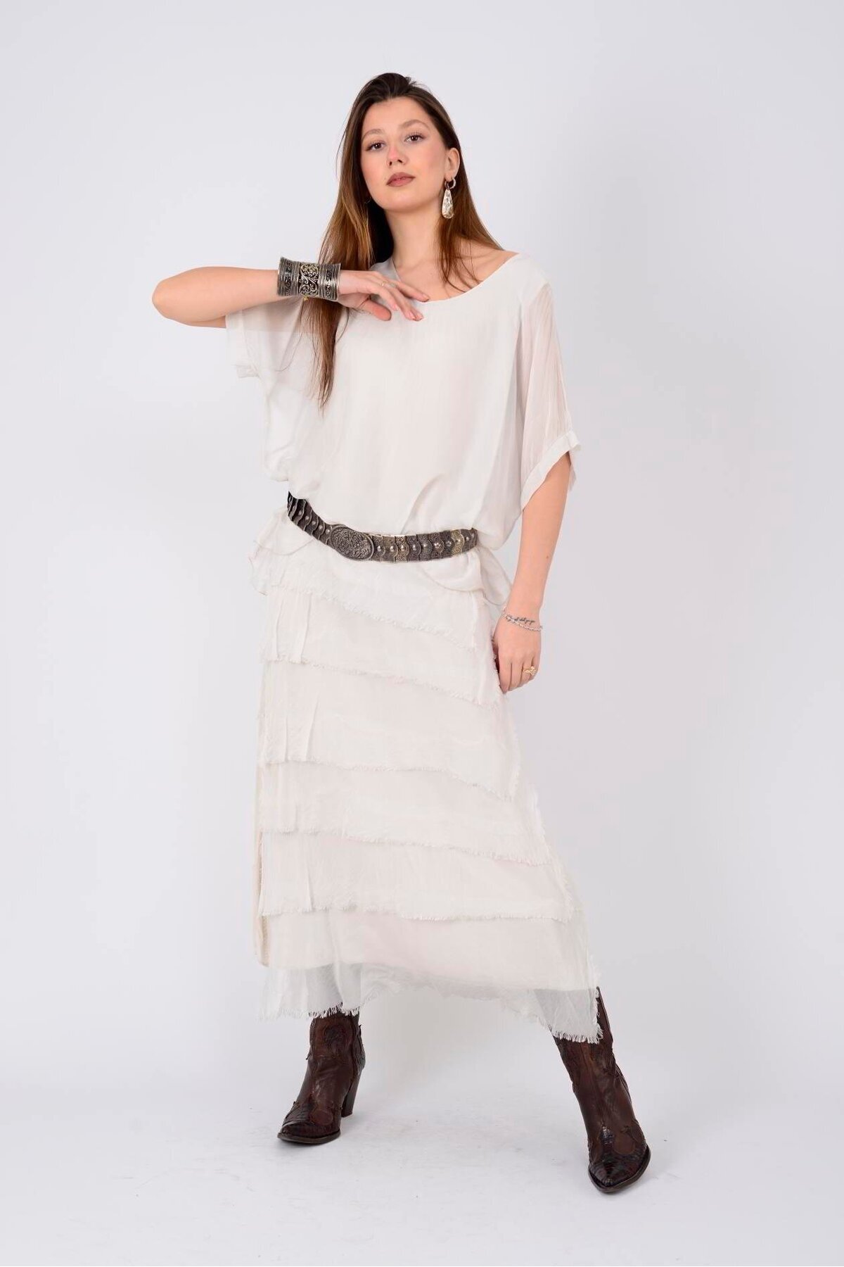 Krem Uzun İtalyan Beden İnce Gösteren Yarım Kol Elbise - Bohem Stil