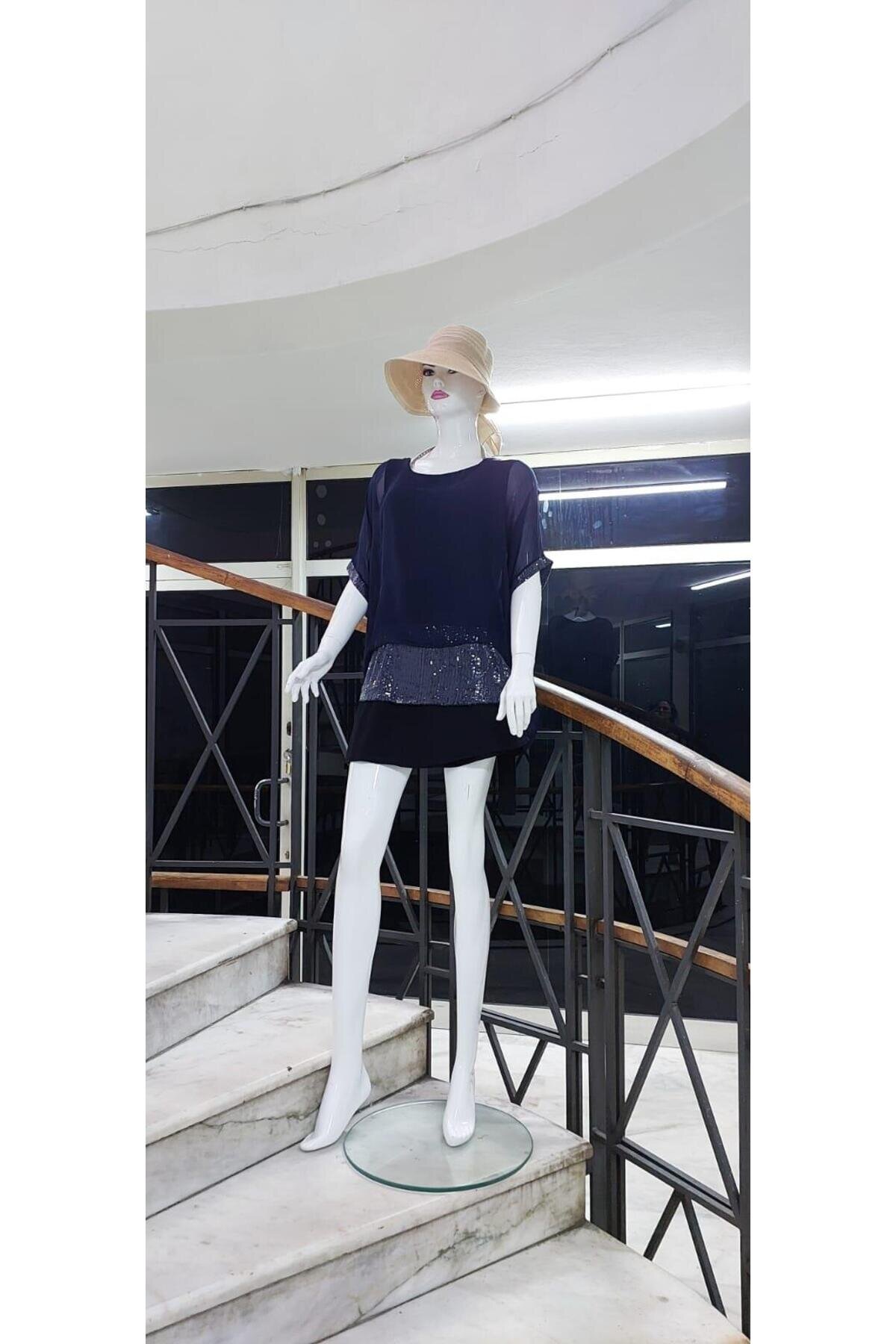 Italian Silk Sequined Batwing Blouse - Navy Blue - Bohem Stil