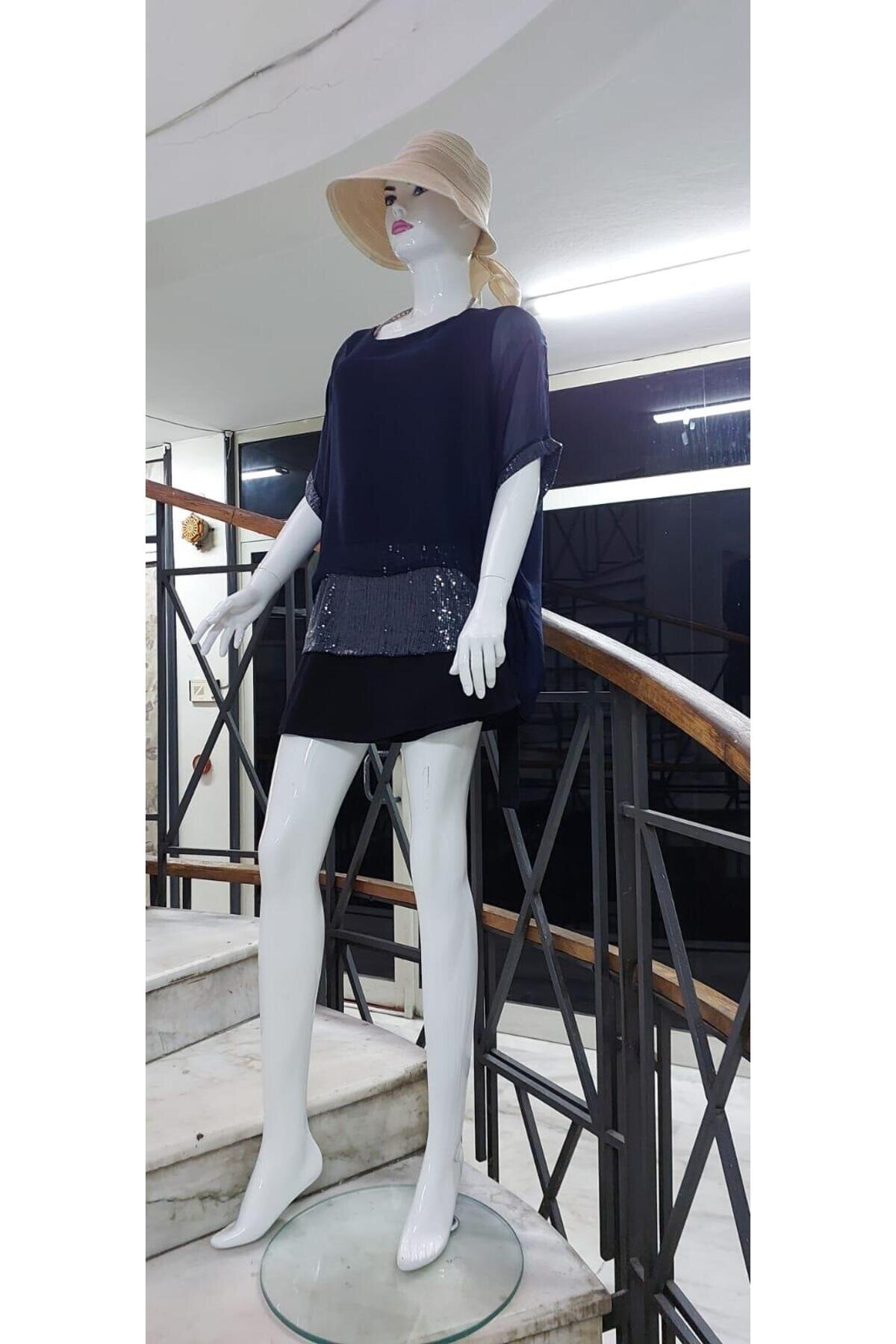 Italian Silk Sequined Batwing Blouse - Navy Blue - Bohem Stil