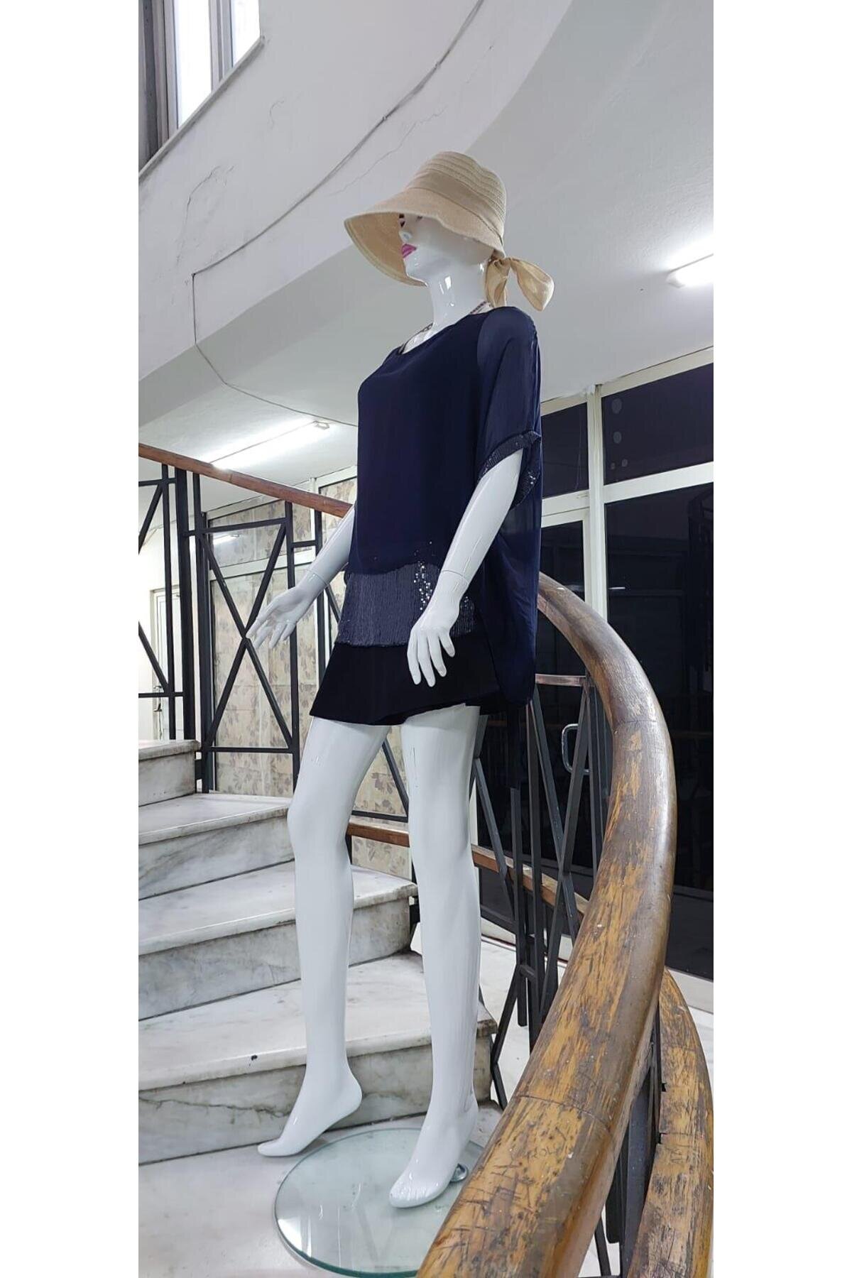 Italian Silk Sequined Batwing Blouse - Navy Blue - Bohem Stil