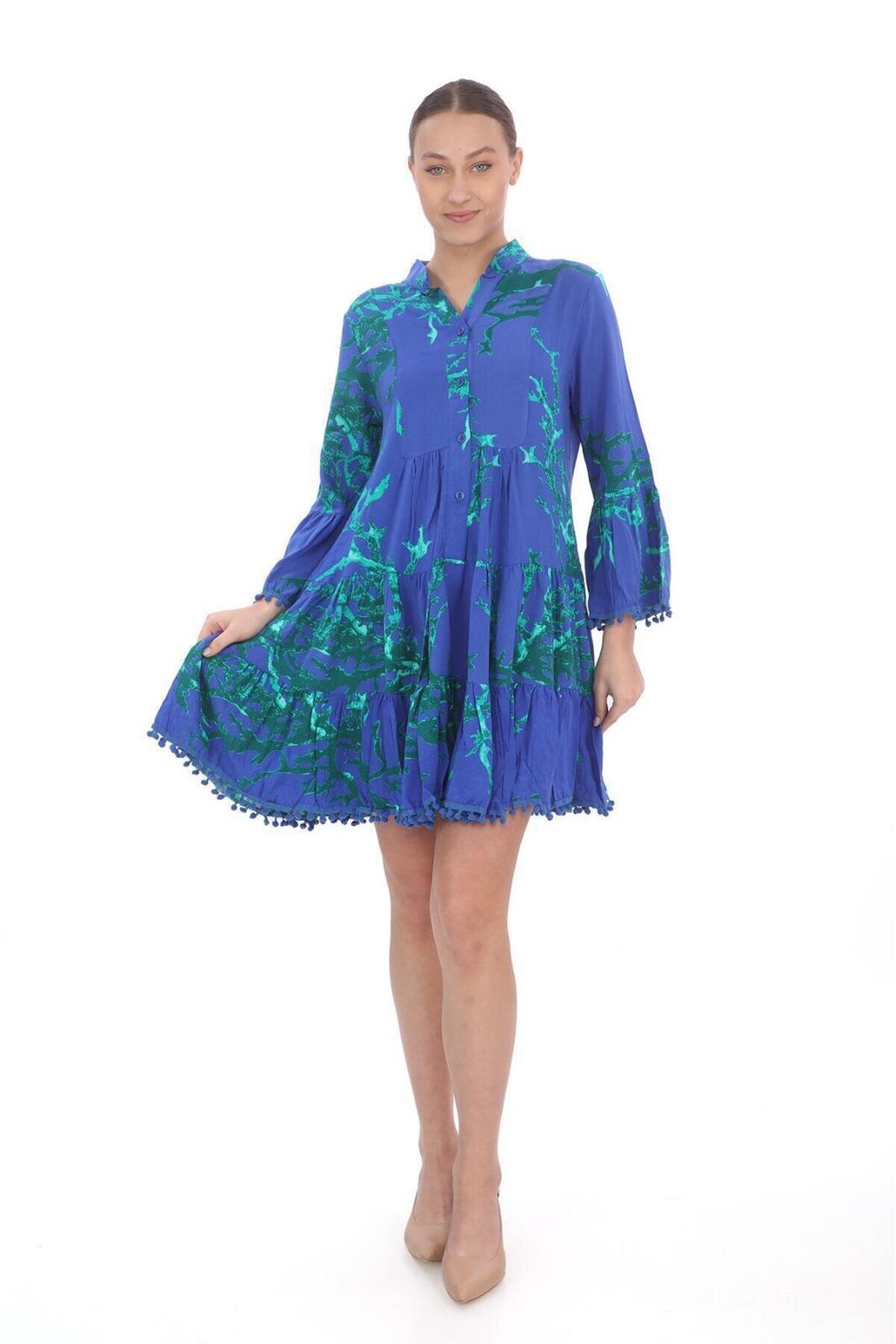 Mavi Mini Angel Ponponlu Elbise - Bohem Stil