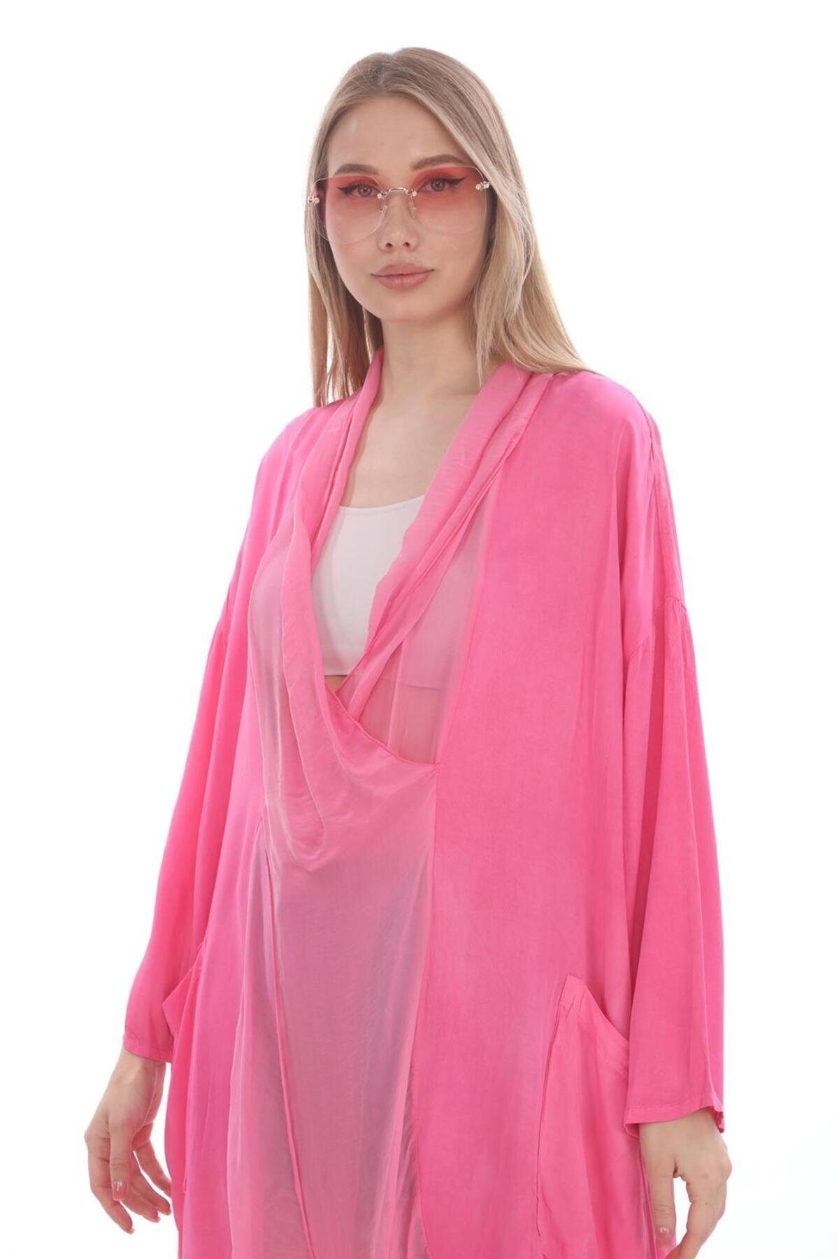 Pembe Oversize Kaftan İtalyan İpek Detaylı Bluz - Bohem Stil