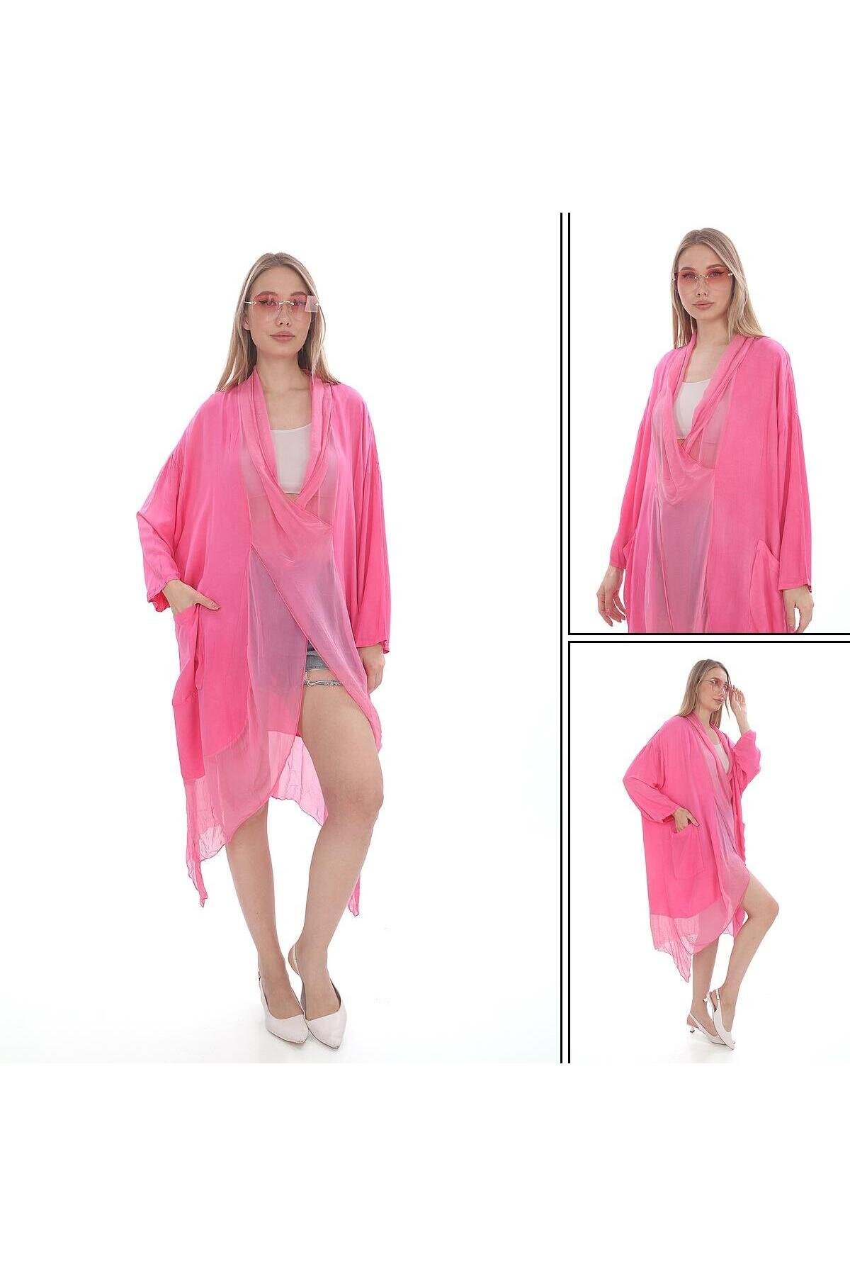 Pembe Oversize Kaftan İtalyan İpek Detaylı Bluz - Bohem Stil