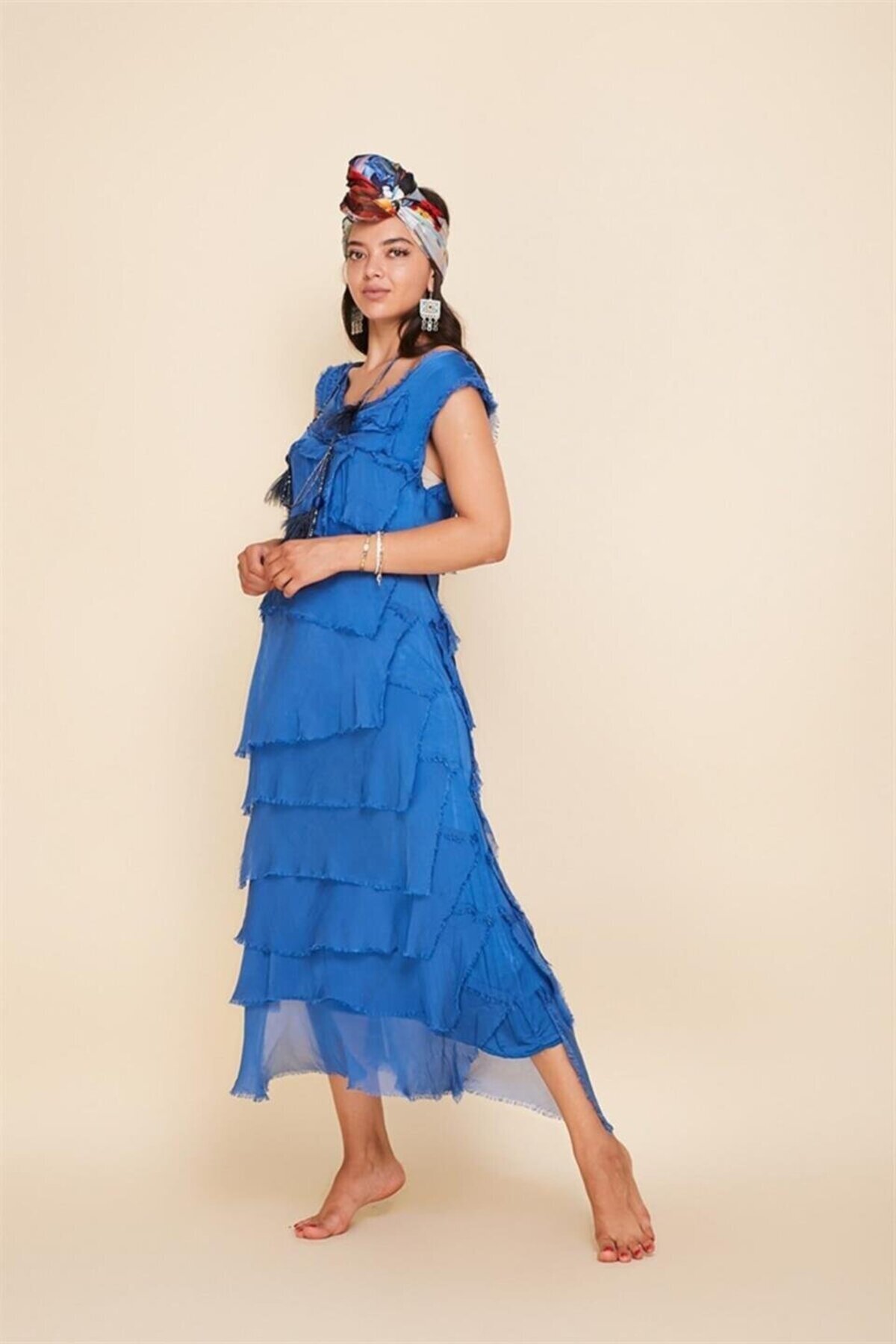 Long Italian Fit Layered Silk Slimming Dress - Cobalt Blue - Bohem Stil