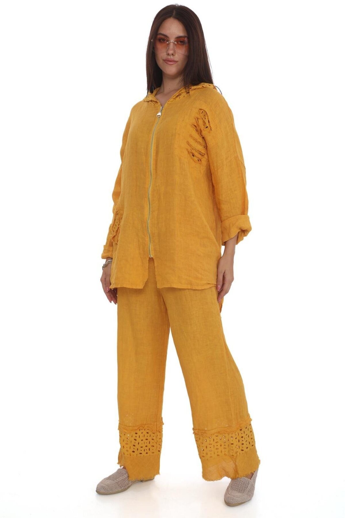 Sarı Kapüşonlu İtalyan Fisto Detaylı Keten Pantolon Ceket Takım - Bohem Stil