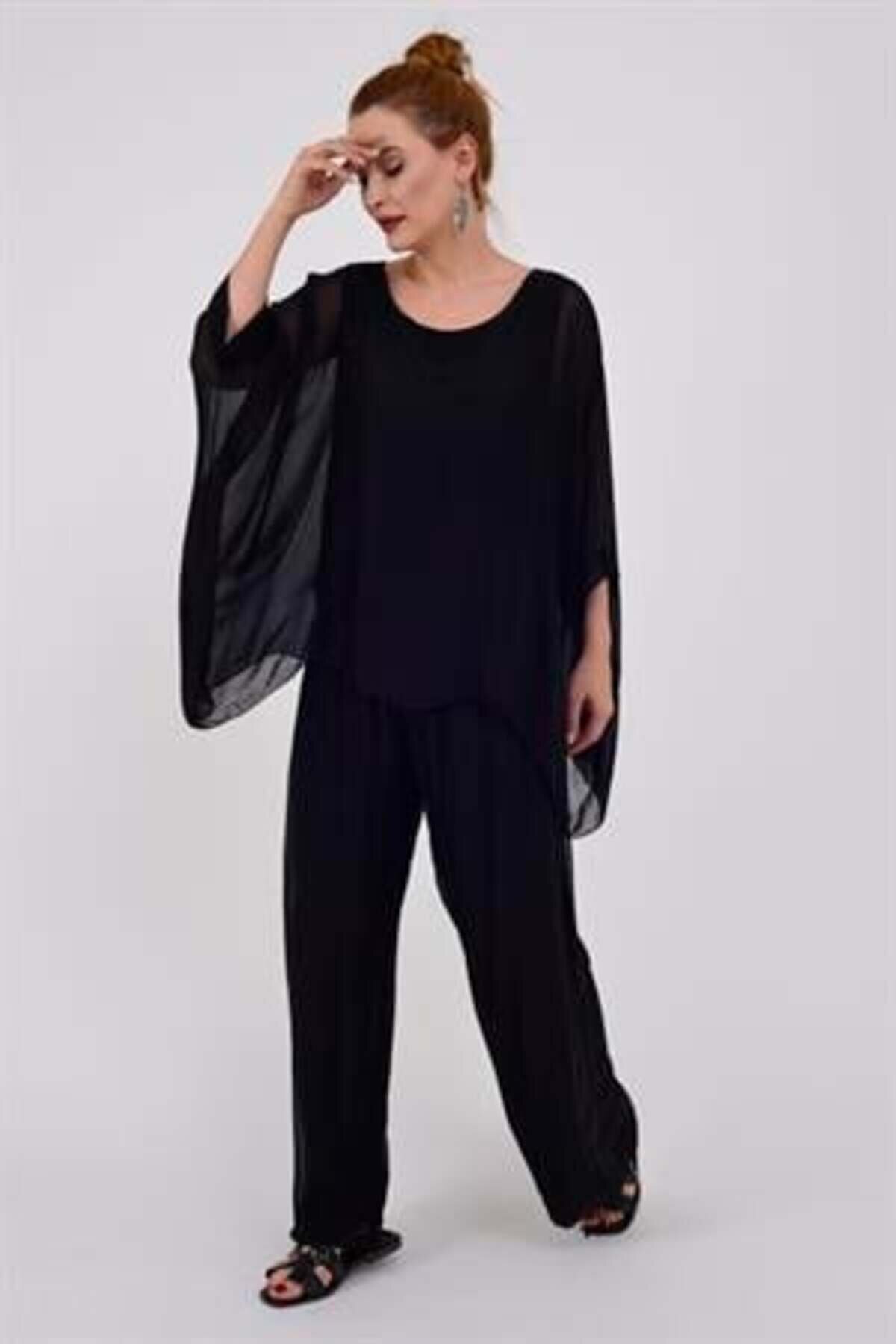 Batwing Sleeve Silk Italian Lined Pants Blouse Set - Black - Bohem Stil