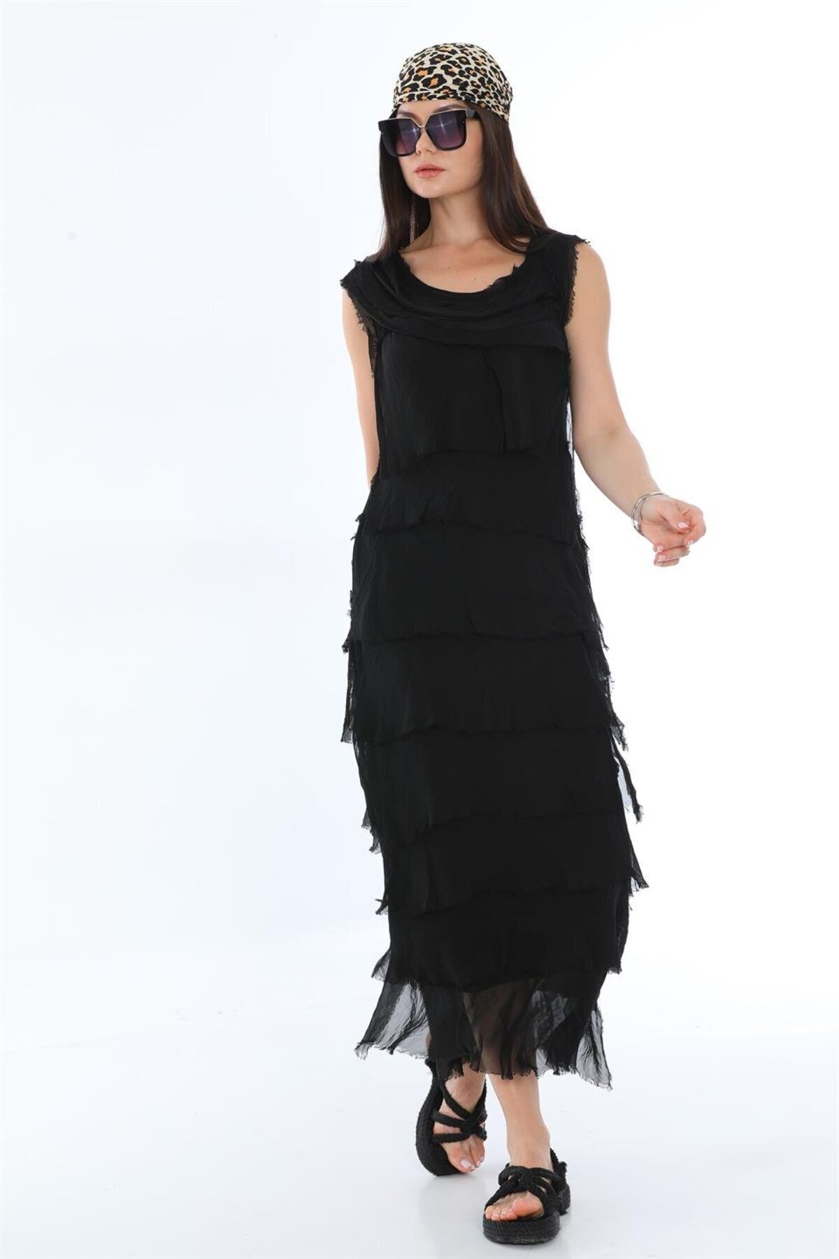 Long Layered Silk Slimming Effect Dress - Black - Bohem Stil