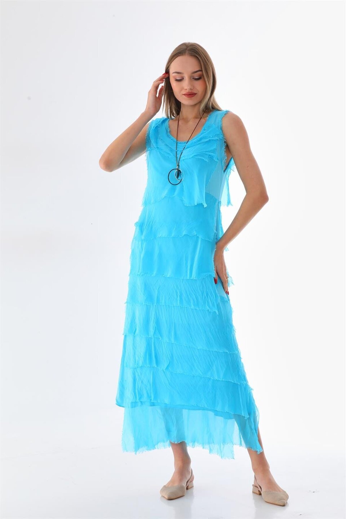 Long Italian Fit Slimming Layered Silk Dress - Turquoise - Bohem Stil