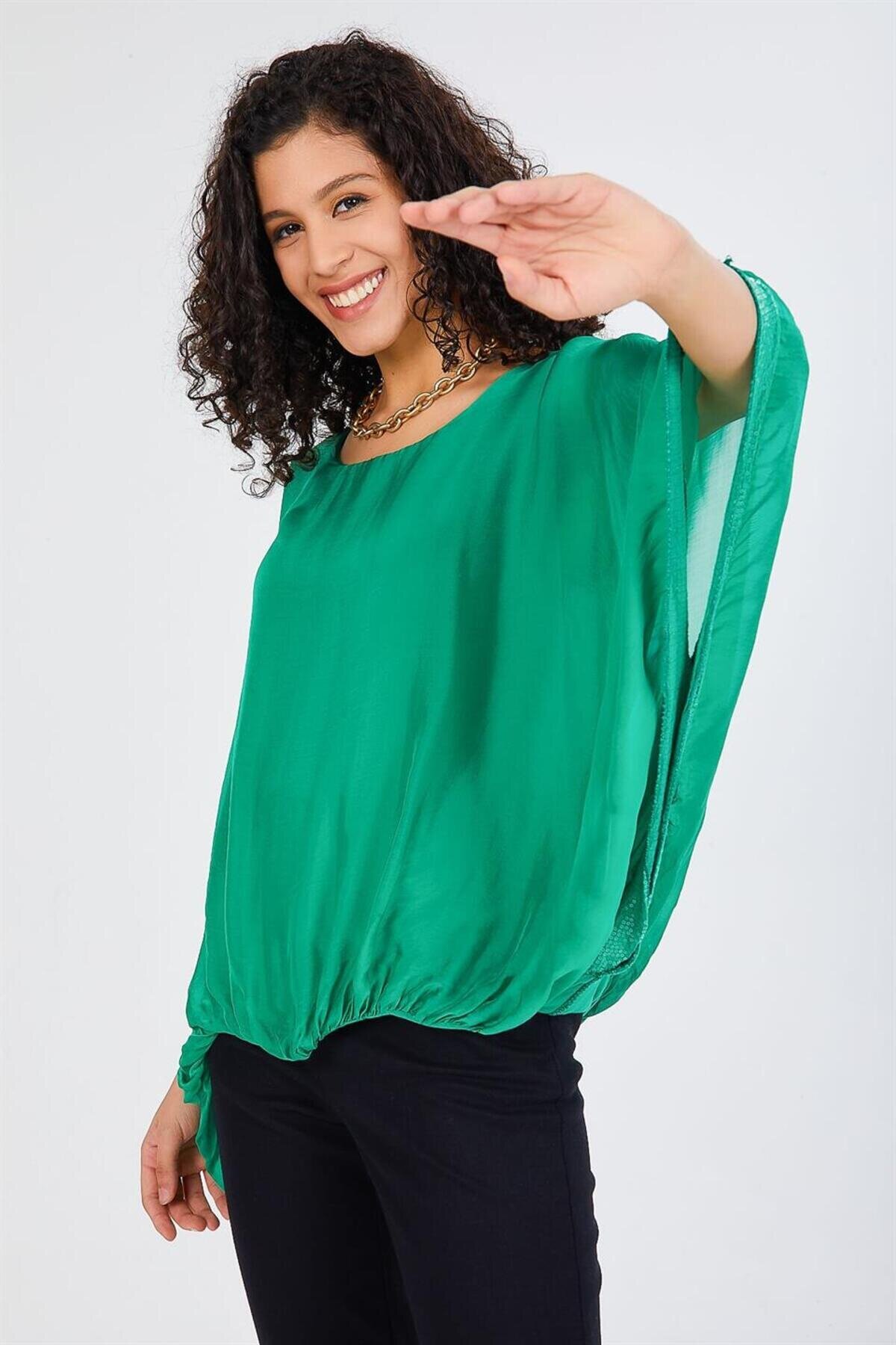 Italian Batwing Sleeve Lined Silk Sequin Detail Blouse - Green - Bohem Stil