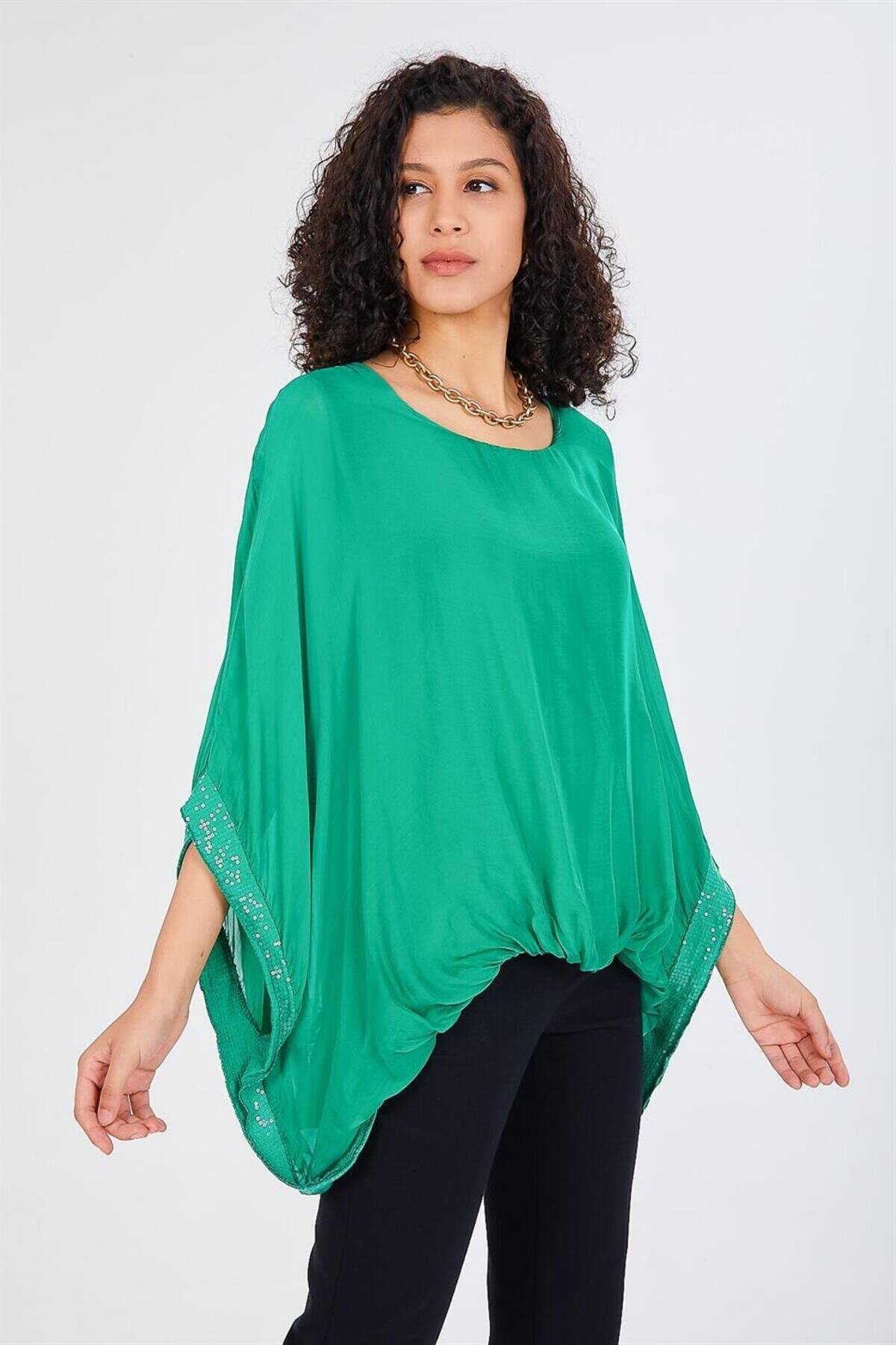 Italian Batwing Sleeve Lined Silk Sequin Detail Blouse - Green - Bohem Stil