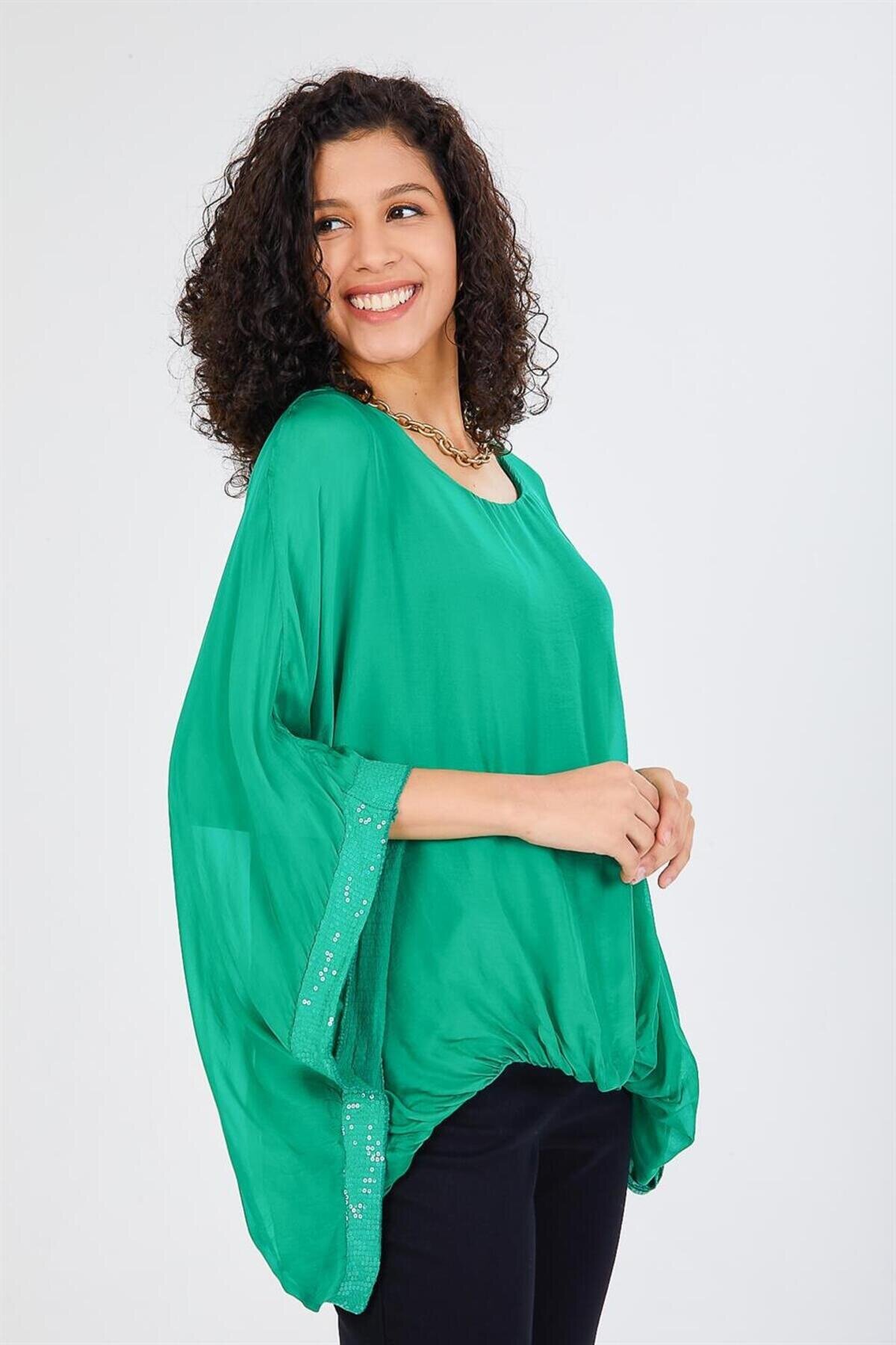 Italian Batwing Sleeve Lined Silk Sequin Detail Blouse - Green - Bohem Stil