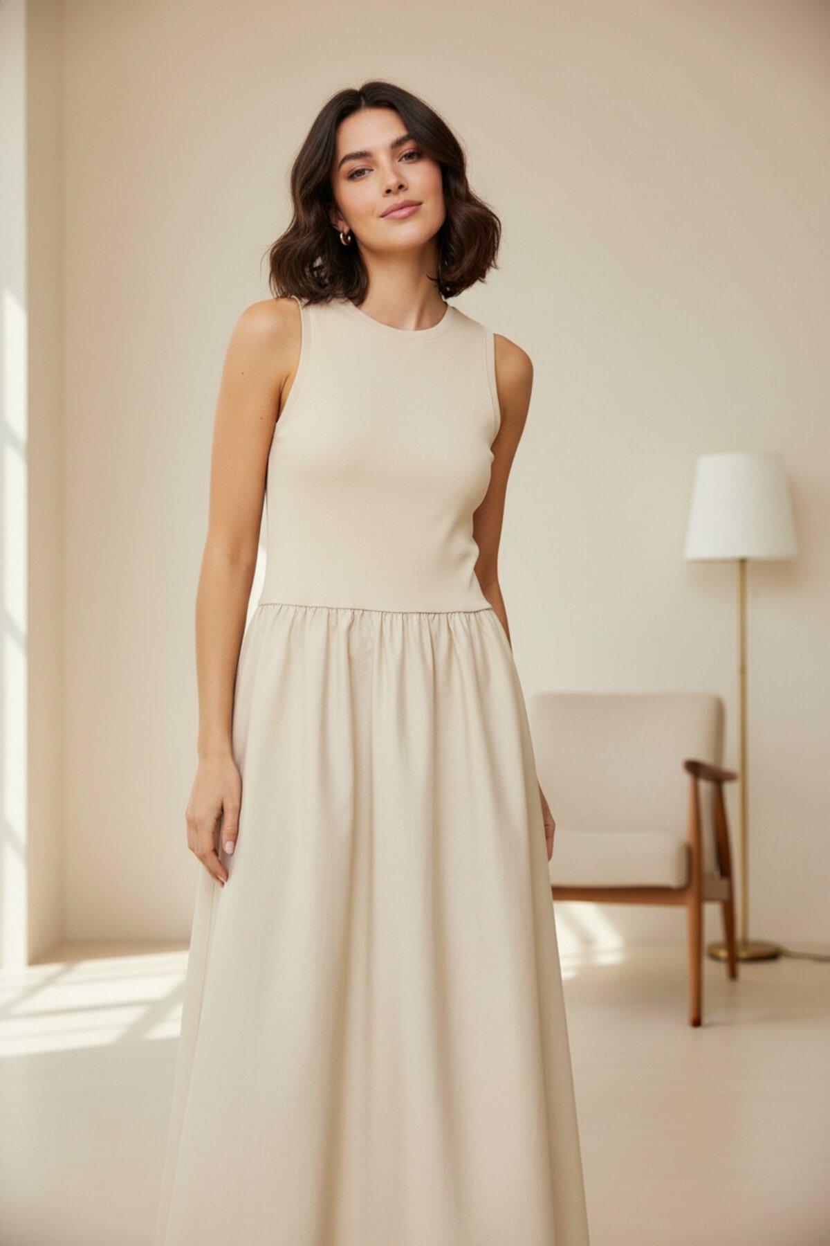 Long Flared A-Line Linen-Look Dress - Beige - Charango