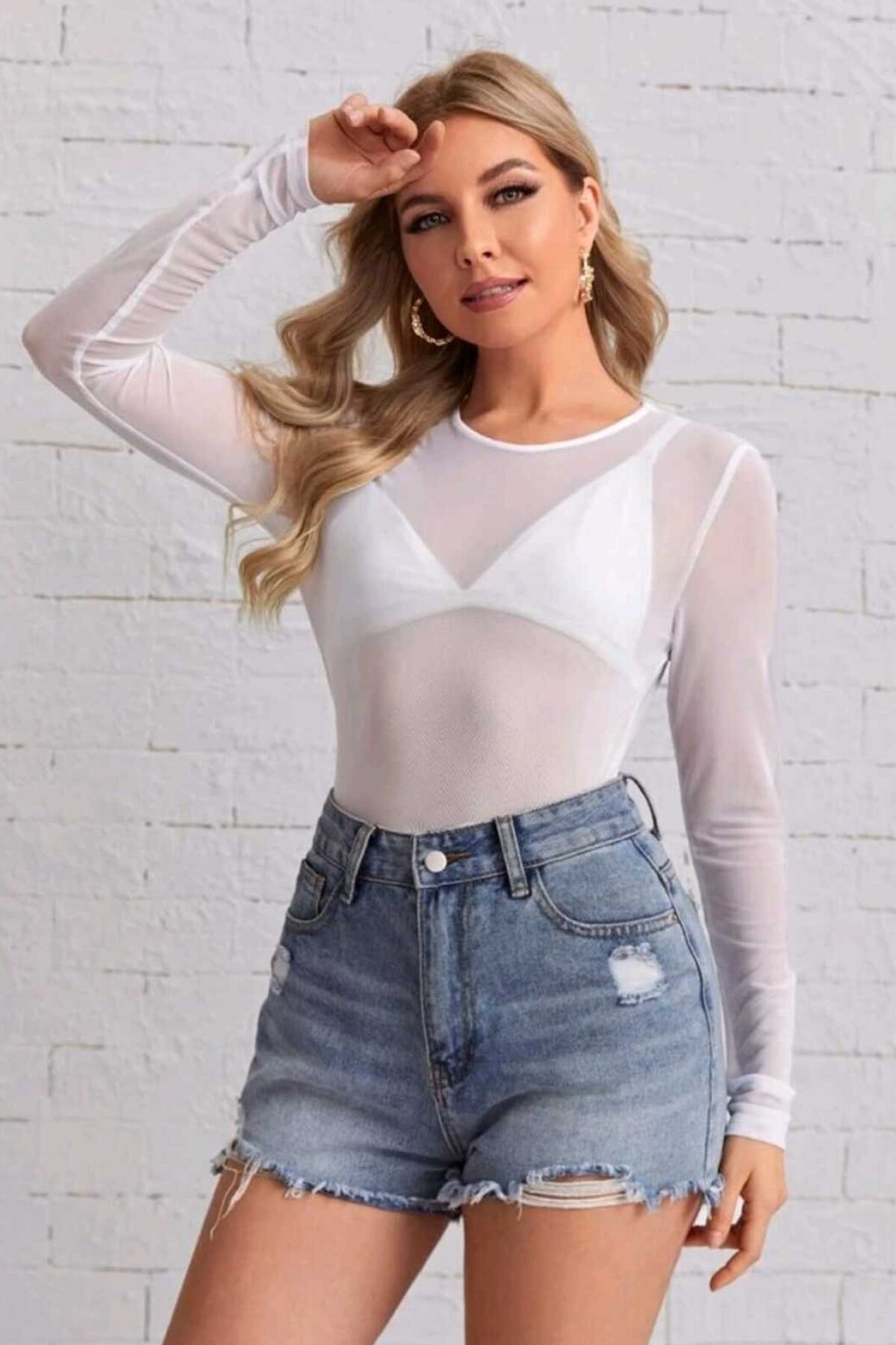 Bodycon Stretchy Tulle Crew Neck Blouse - White - Charango