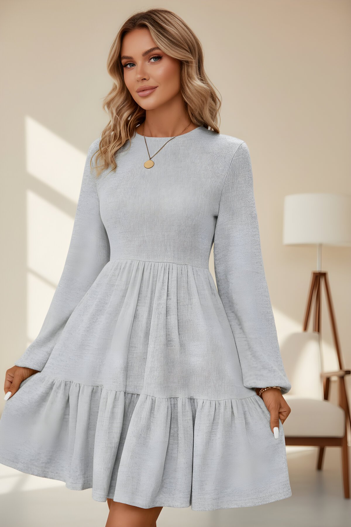 Gri Salaş Uzun Kollu Volanlı Mini Elbise - Charango