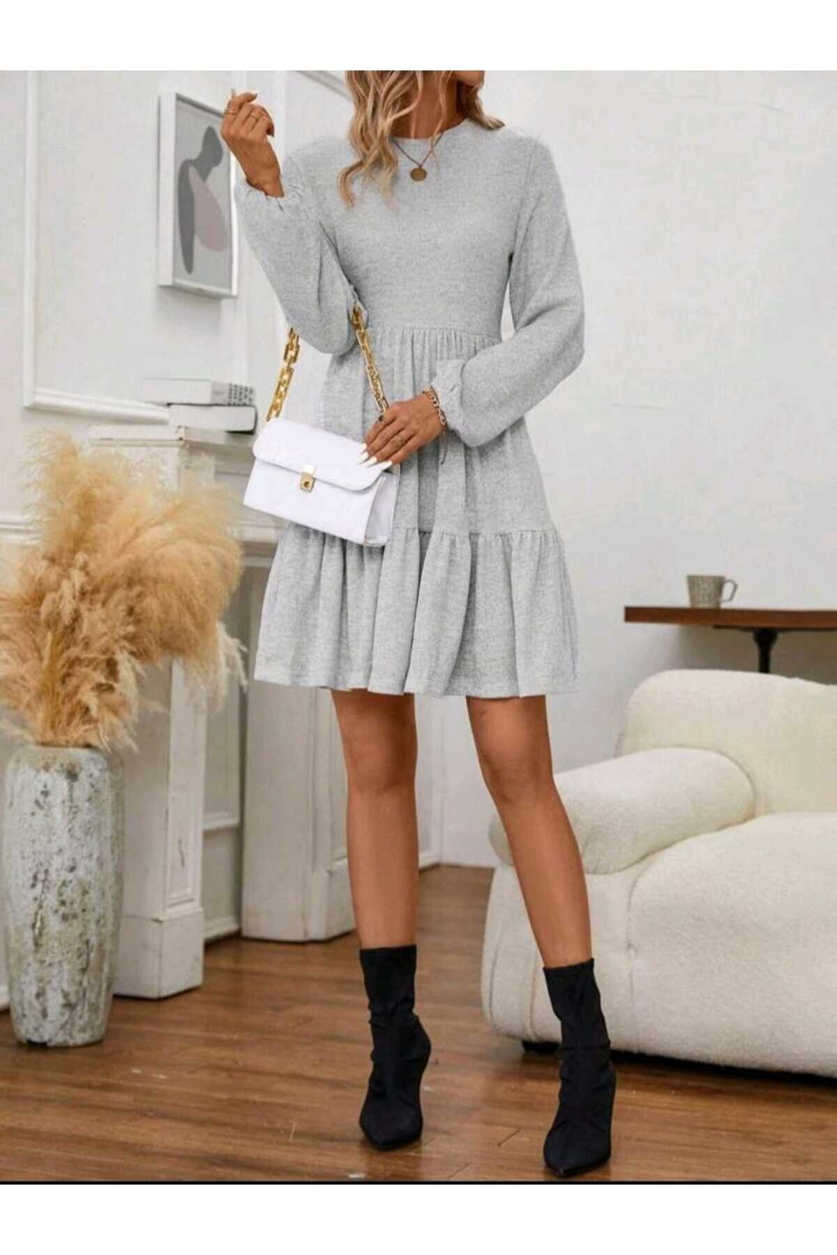 Gri Salaş Uzun Kollu Volanlı Mini Elbise - Charango
