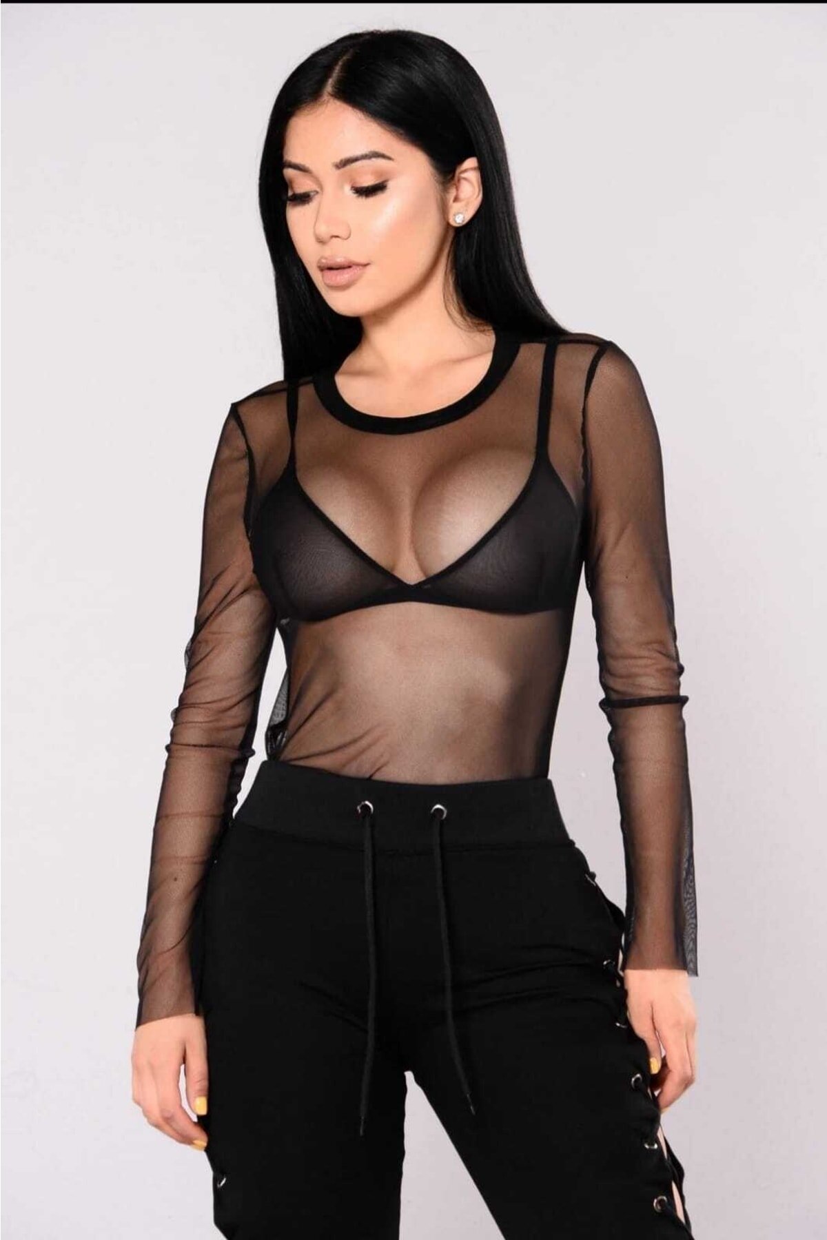 Bodycon Stretch Tulle Crew Neck Blouse - Black - Charango