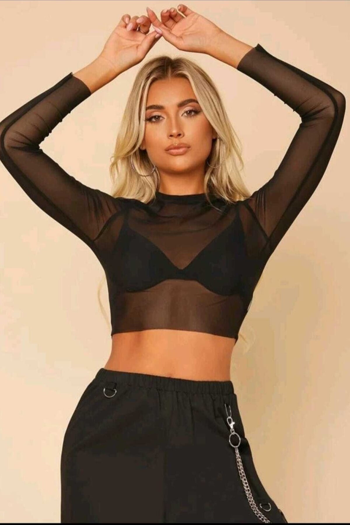Crop Tulle Sheer Crew-Neck Top - Black - Charango