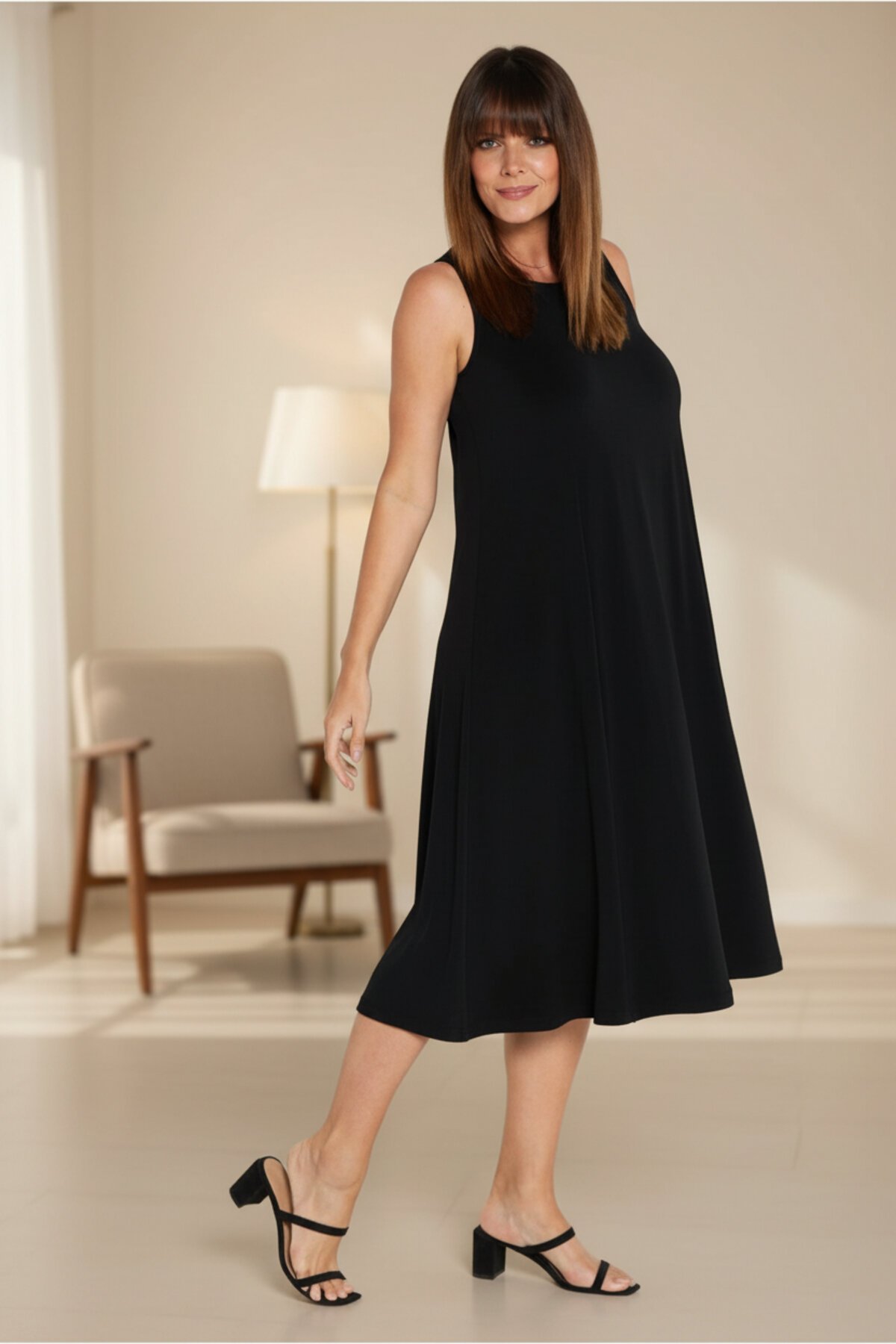 Midi A-line Loose Relaxed Fit Sandy Fabric Dress - Black - Charango