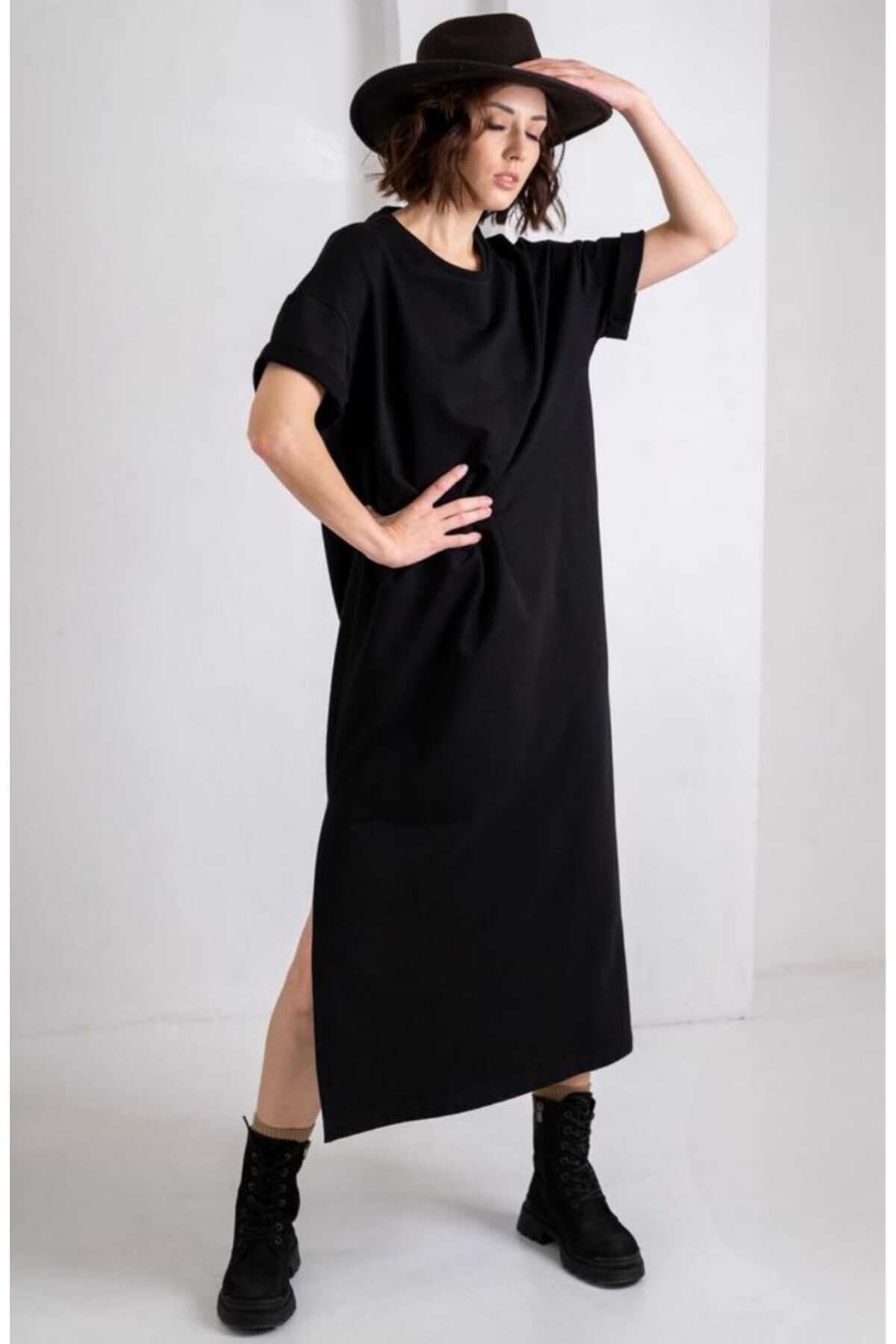Loose Midi Short-Sleeved Crew-Neck Double-Slit Dress - Black - Charango