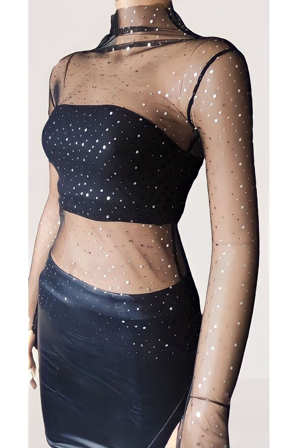 Bodycon Stretchy Polka Dot Tulle Turtleneck Thumbhole Blouse - Black - Charango