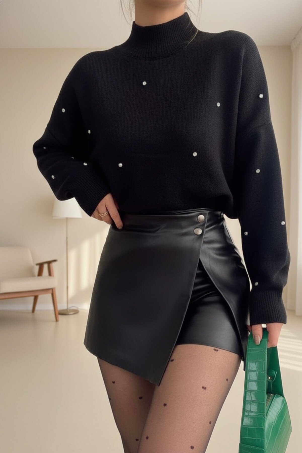 تنورة شورت جلد قصيرة سوداء بتفاصيل أزرار - CİZA MODA