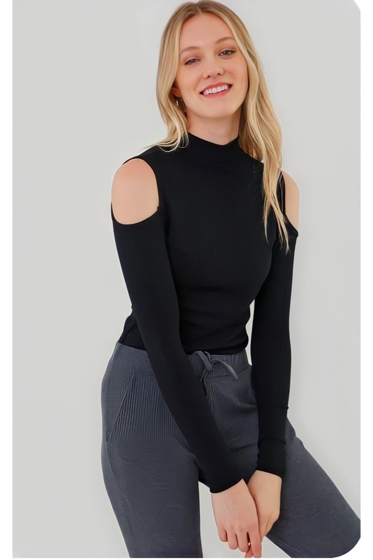 Stretchy Mock Neck Cut Out Shoulder Blouse - Black - COSMICLINE