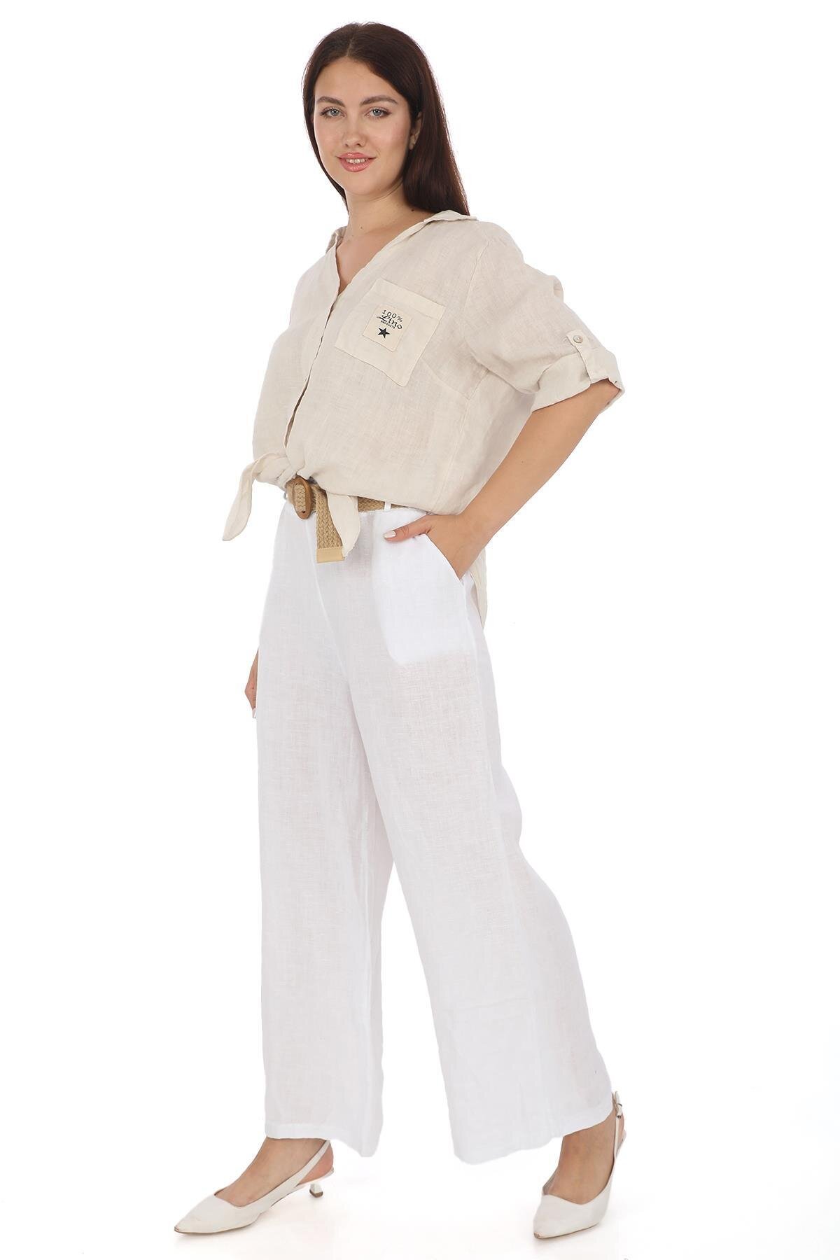 Italian Linen Belted Pants - White - EREN STYLE