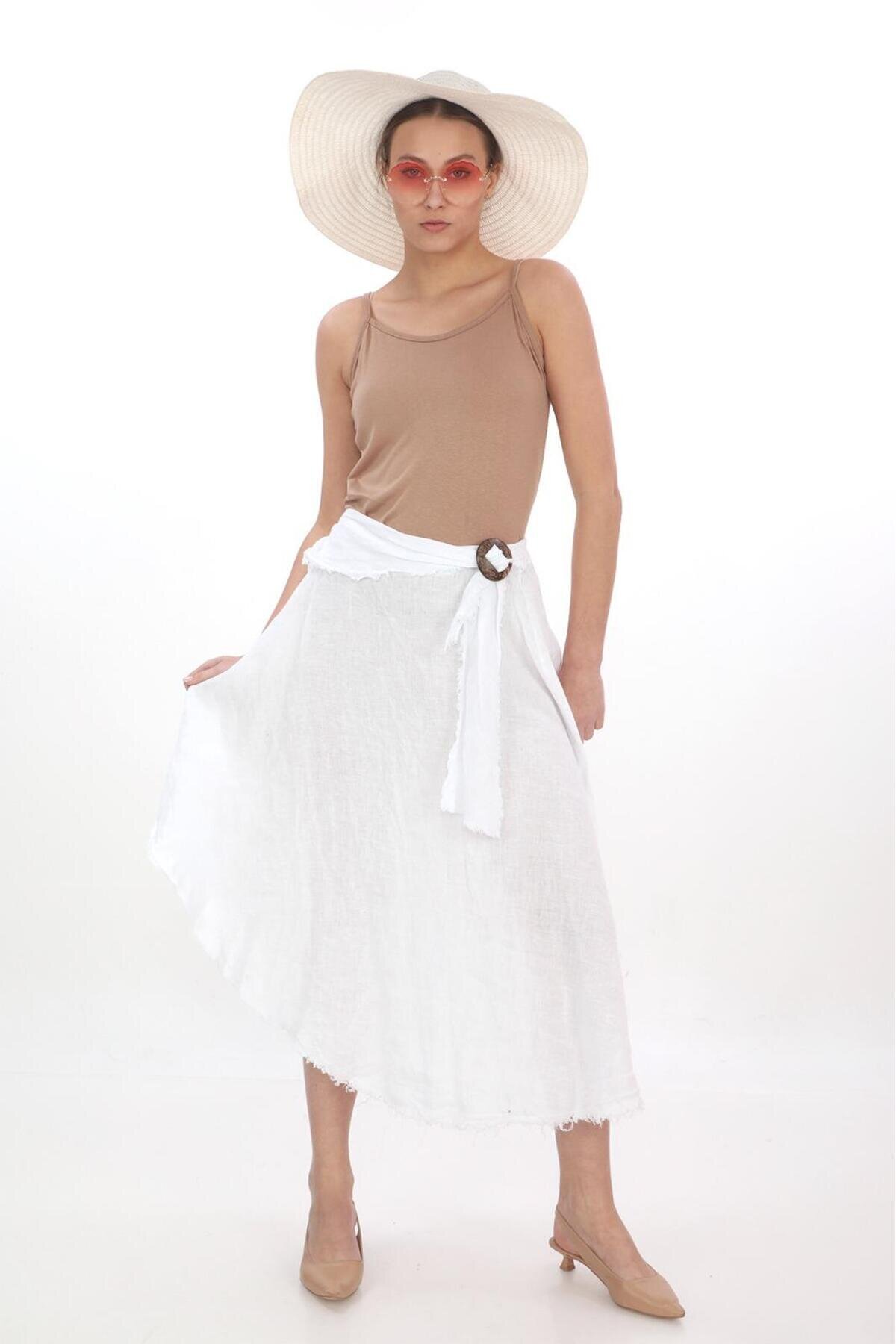 Midi Linen Buckle-Detail Skirt - White - EREN STYLE