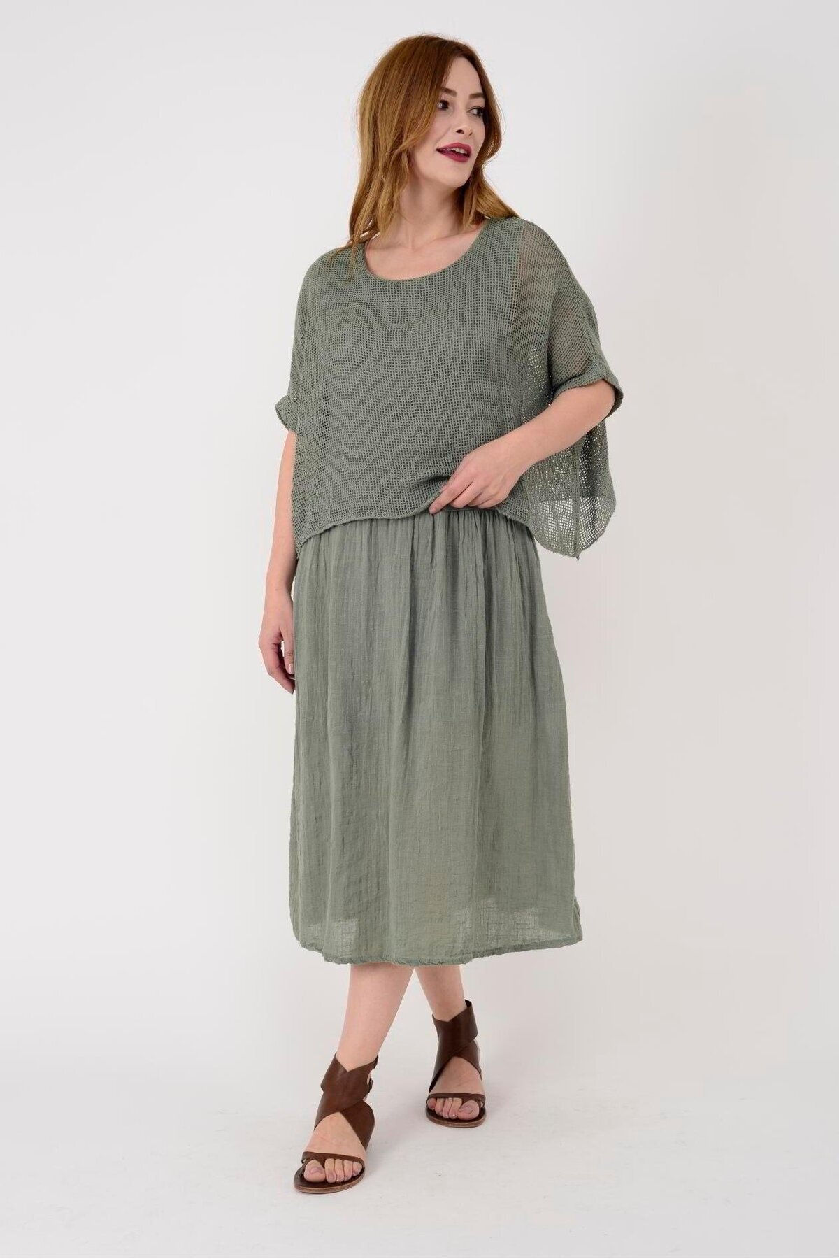 Midi Lined Mesh Bodice Dress - Khaki - EREN STYLE