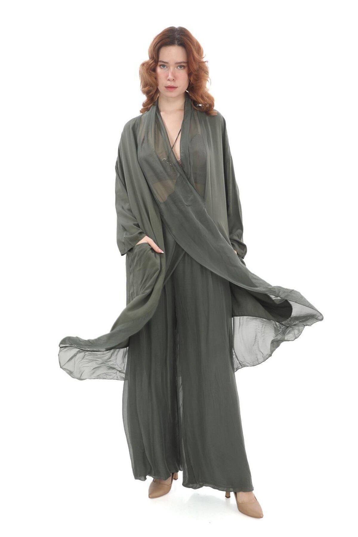 Haki Oversize İtalyan İpek Detaylı Kap Pantolon İkili Takım - EREN STYLE