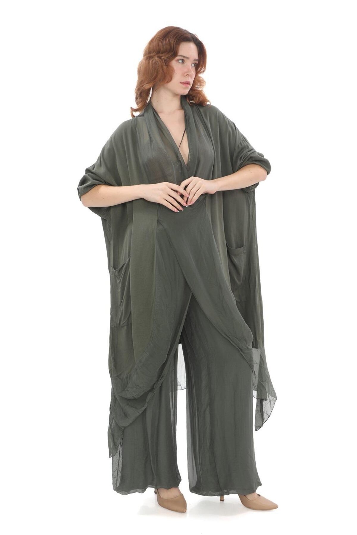 Oversize Italian Silk Detail Tunic and Pants Set - Khaki - EREN STYLE